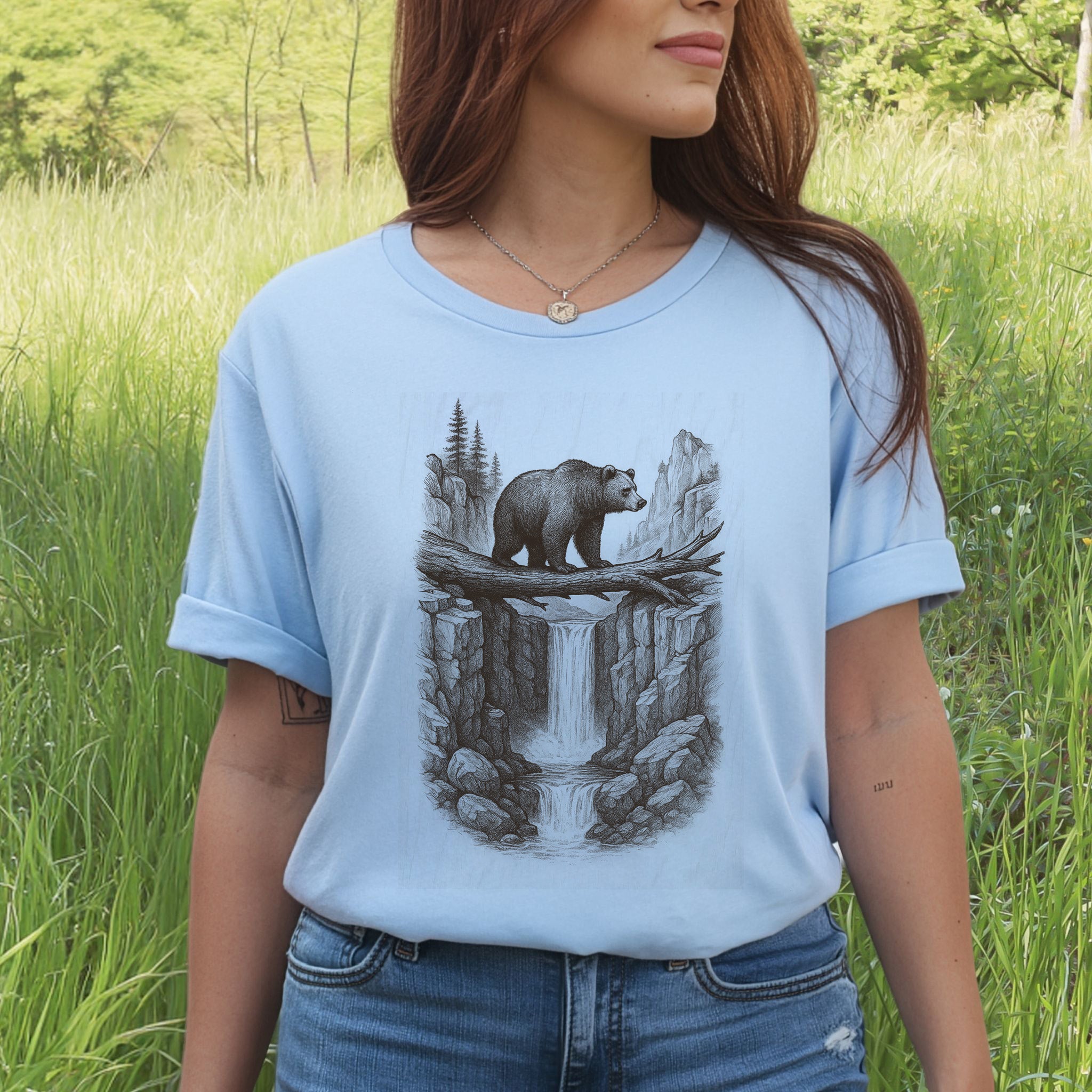 Bear Crossing Waterfall T-Shirt – Vintage Wilderness Sketch Tee