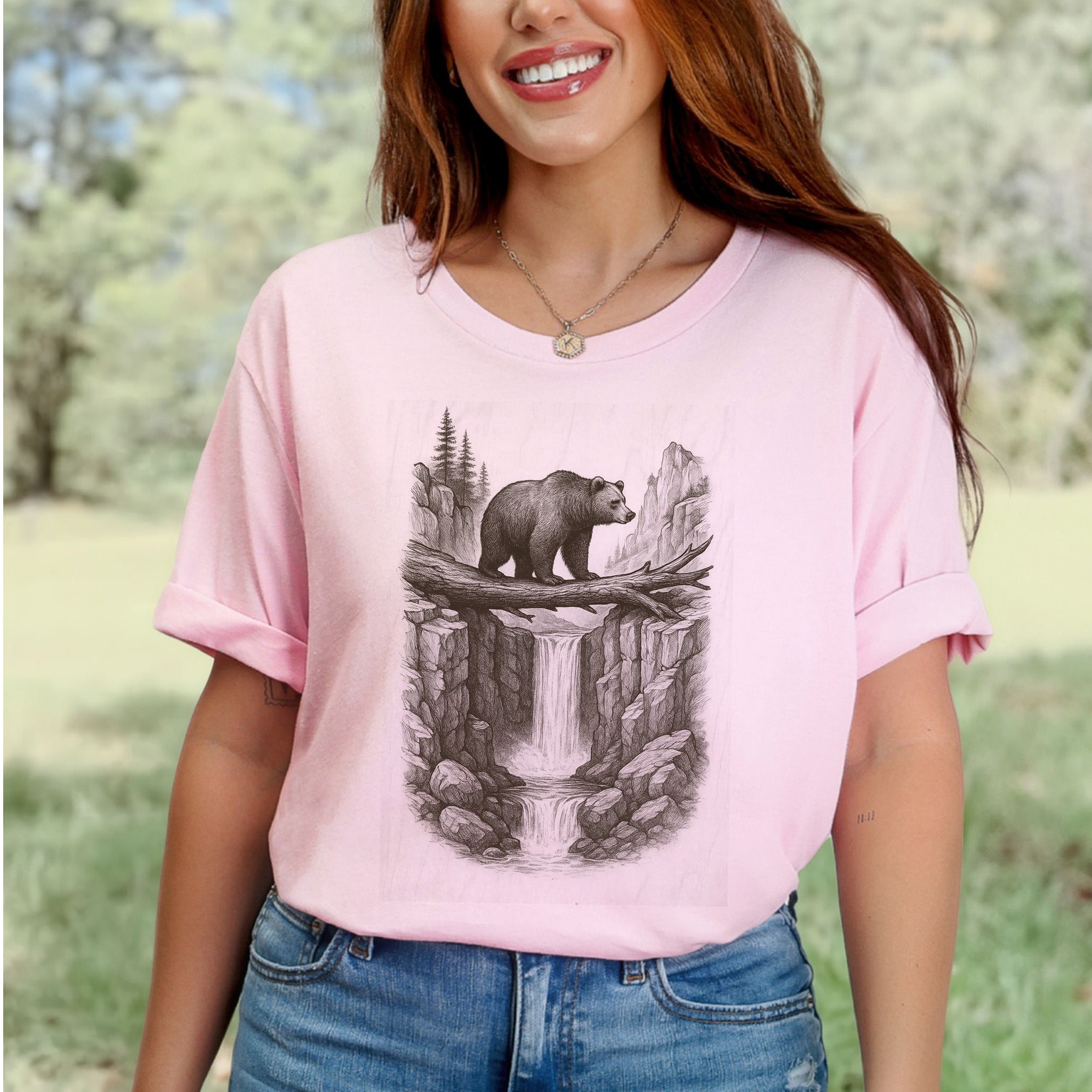 Bear Crossing Waterfall T-Shirt – Vintage Wilderness Sketch Tee