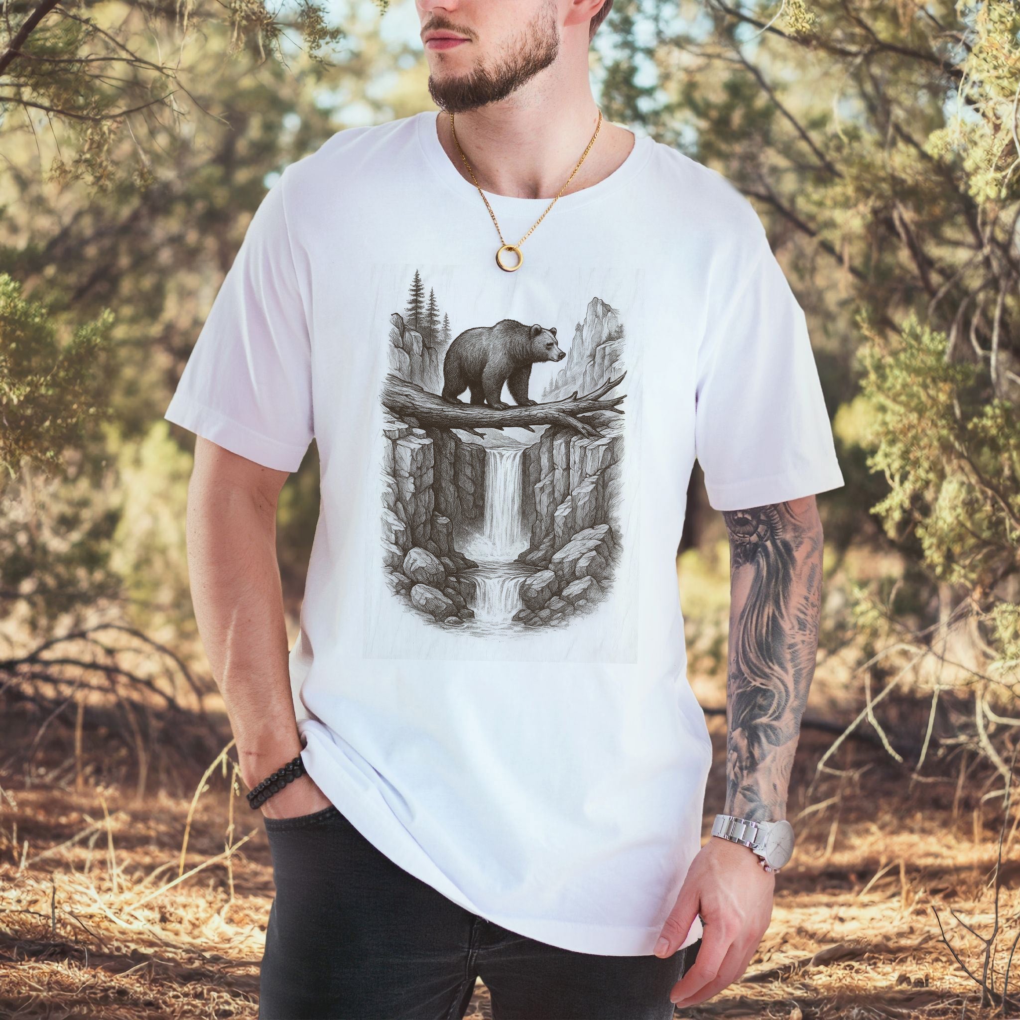 Bear Crossing Waterfall T-Shirt – Vintage Wilderness Sketch Tee