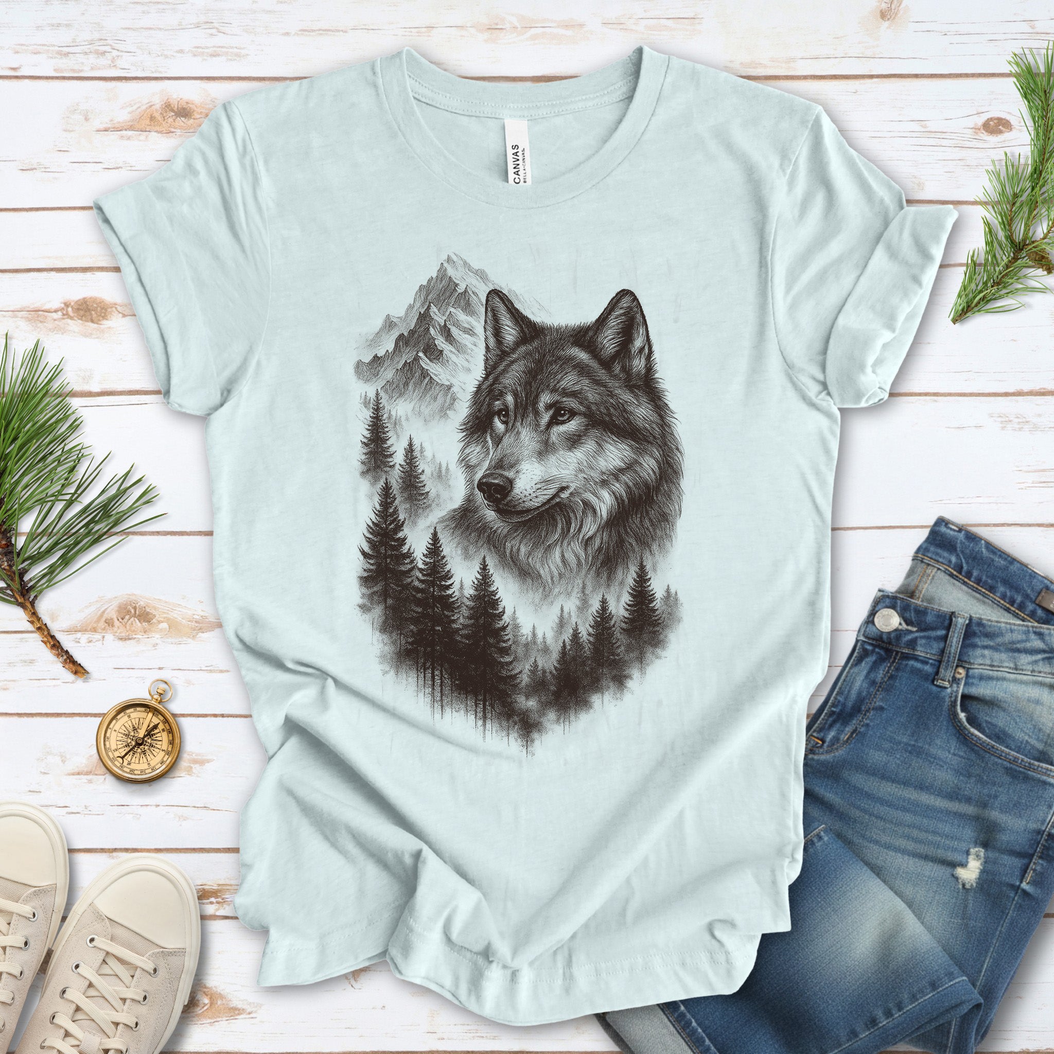 Wolf Mountain Forest T-Shirt – Vintage Alpha Nature Adventure Tee
