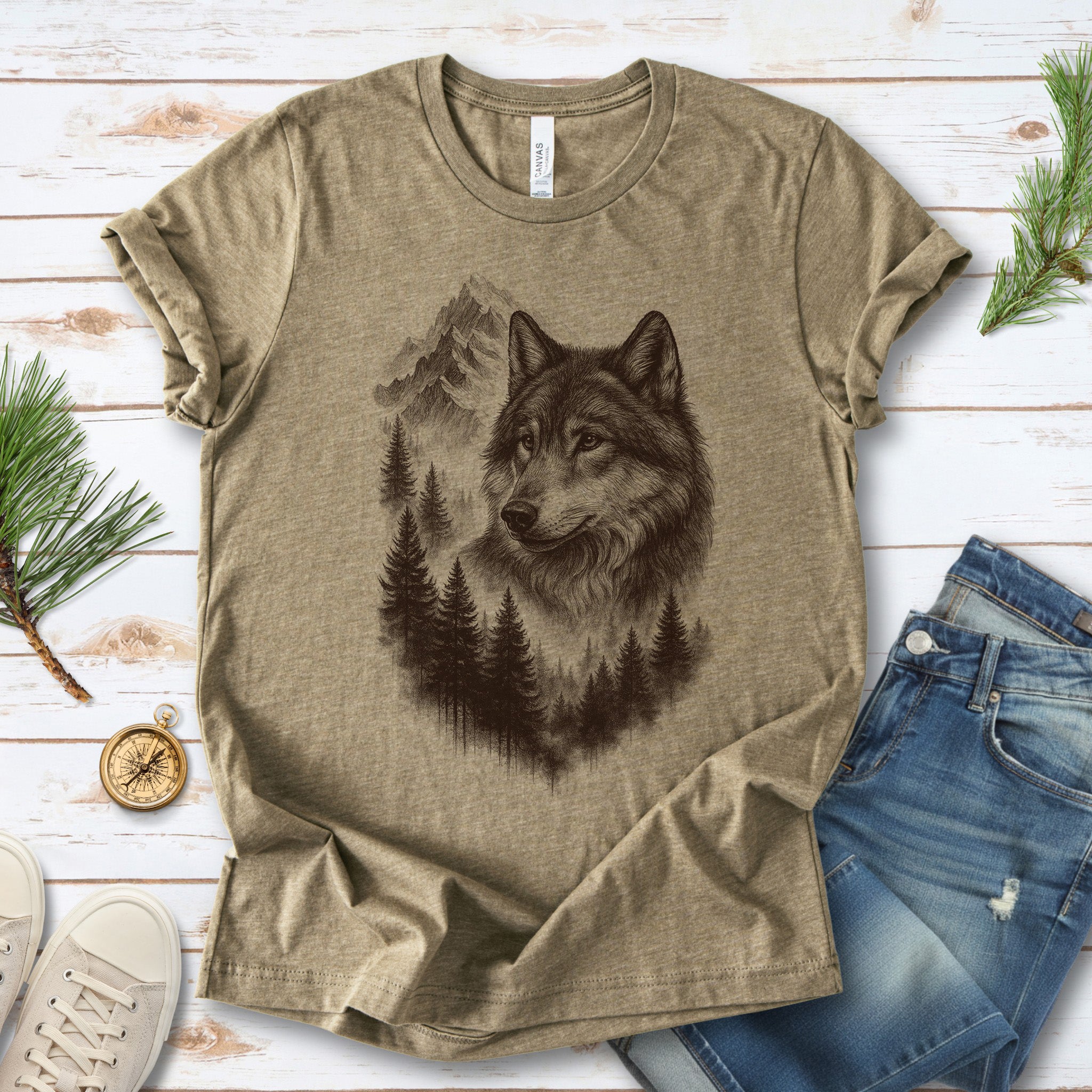 Wolf Mountain Forest T-Shirt – Vintage Alpha Nature Adventure Tee