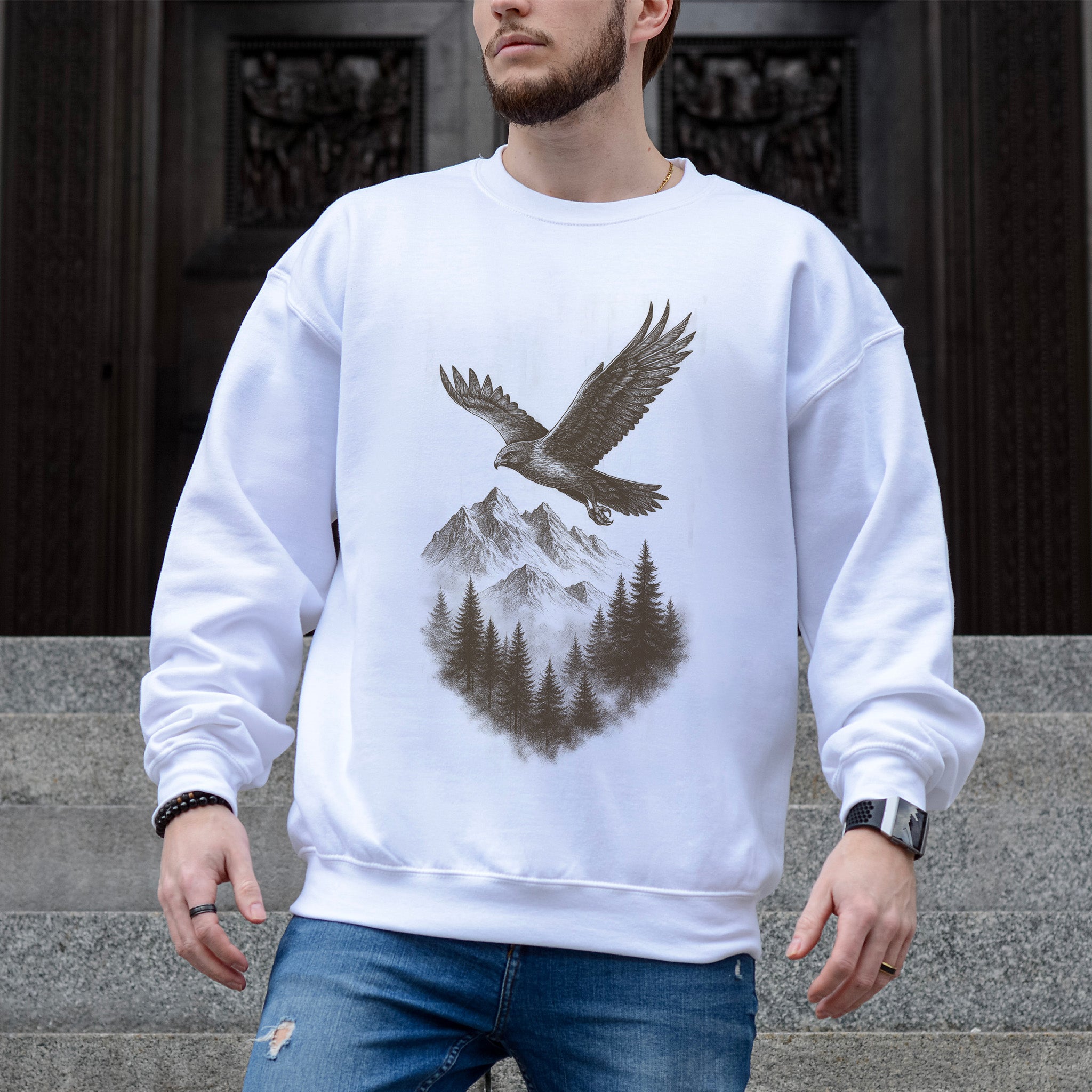 Eagle Over Mountains Sweatshirt – Vintage Wilderness Spirit Animal Sketch