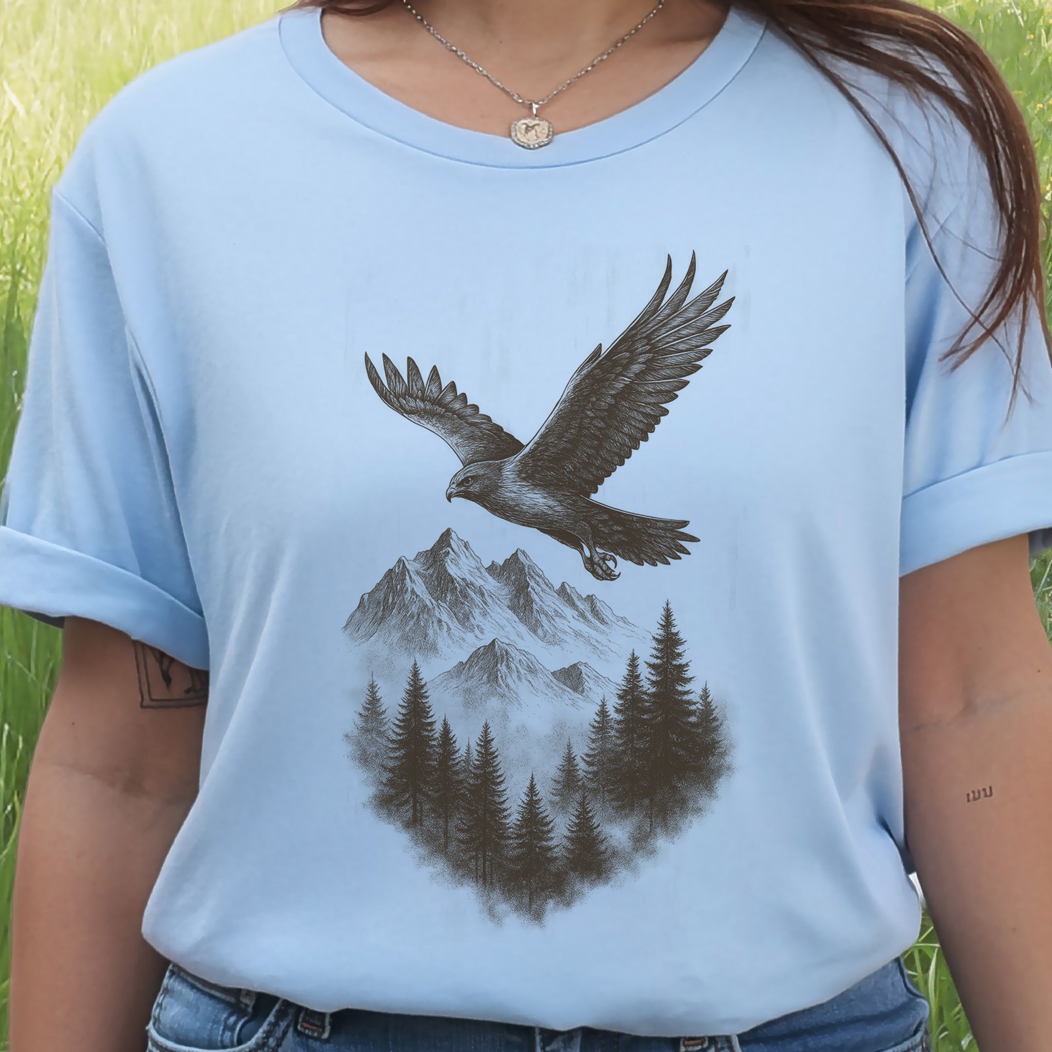 Eagle Over Mountains T-Shirt – Vintage Wilderness Spirit Animal Sketch