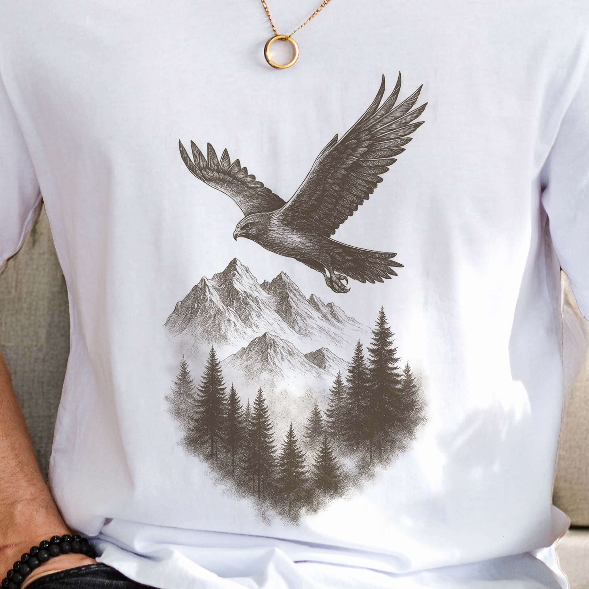 Eagle Over Mountains T-Shirt – Vintage Wilderness Spirit Animal Sketch