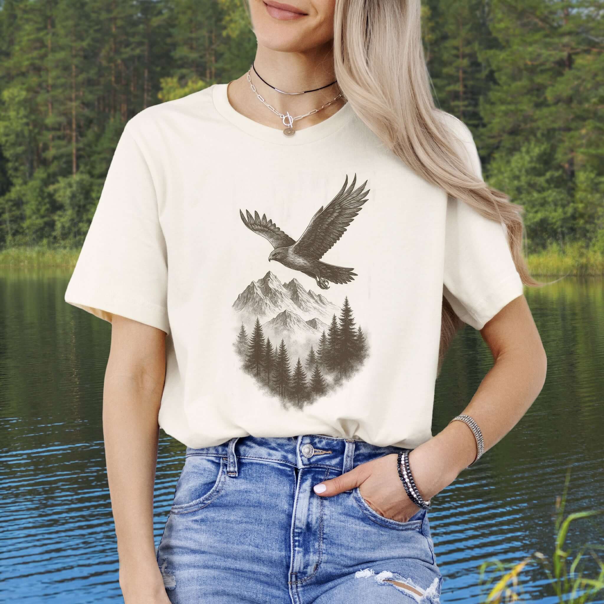 Eagle Over Mountains T-Shirt – Vintage Wilderness Spirit Animal Sketch
