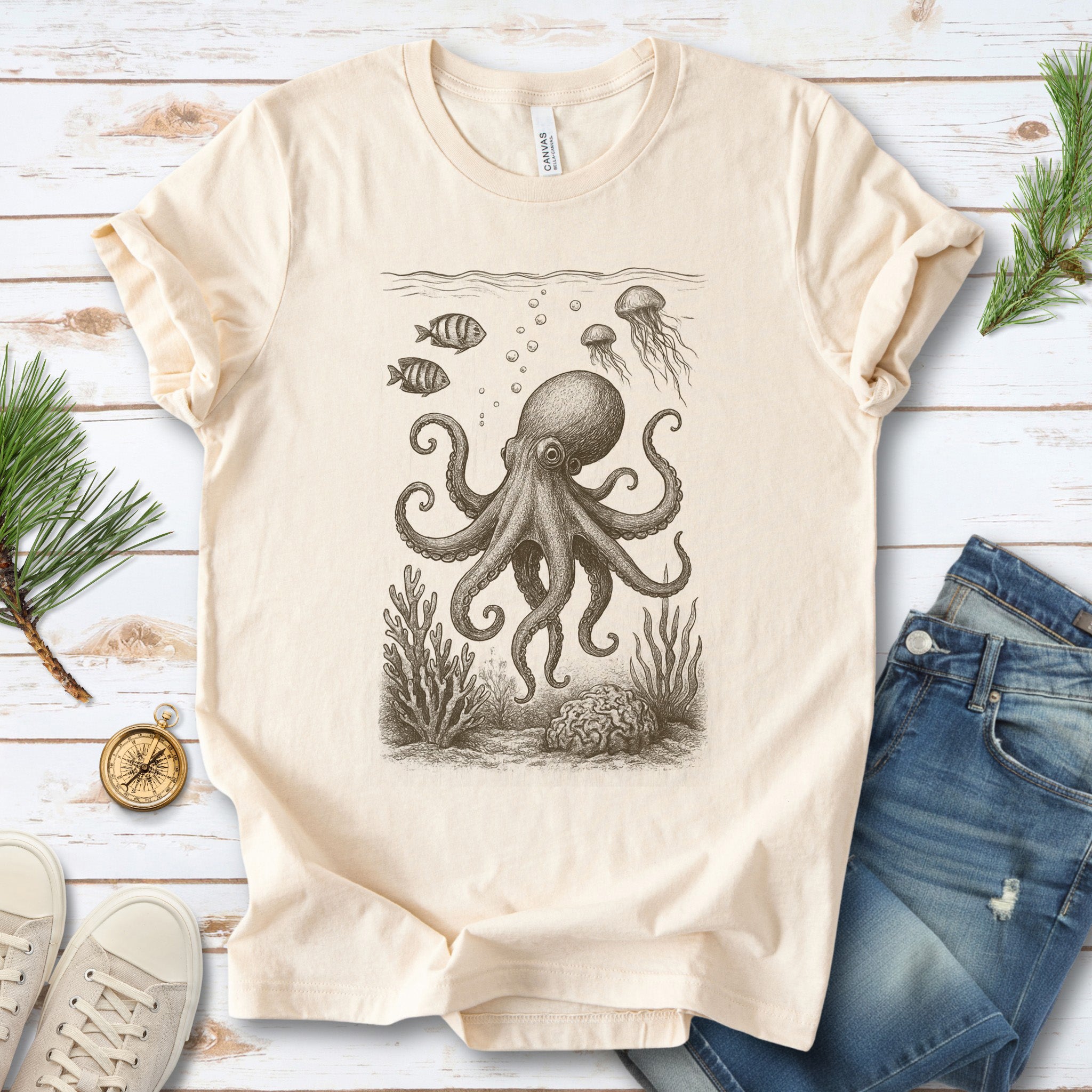 Octopus & Coral Reef Sketch T-Shirt – Artistic Ocean Life Tee