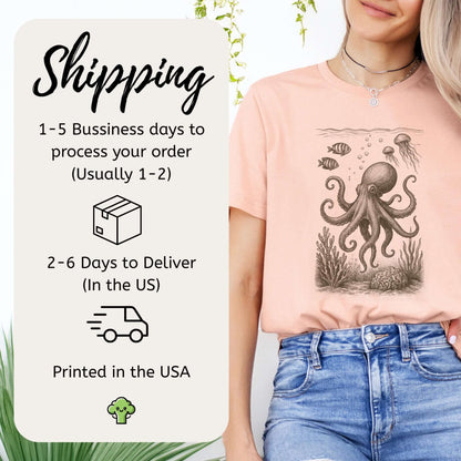 Octopus & Coral Reef Sketch T-Shirt – Artistic Ocean Life Tee
