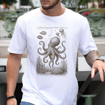 Octopus & Coral Reef Sketch T-Shirt – Artistic Ocean Life Tee