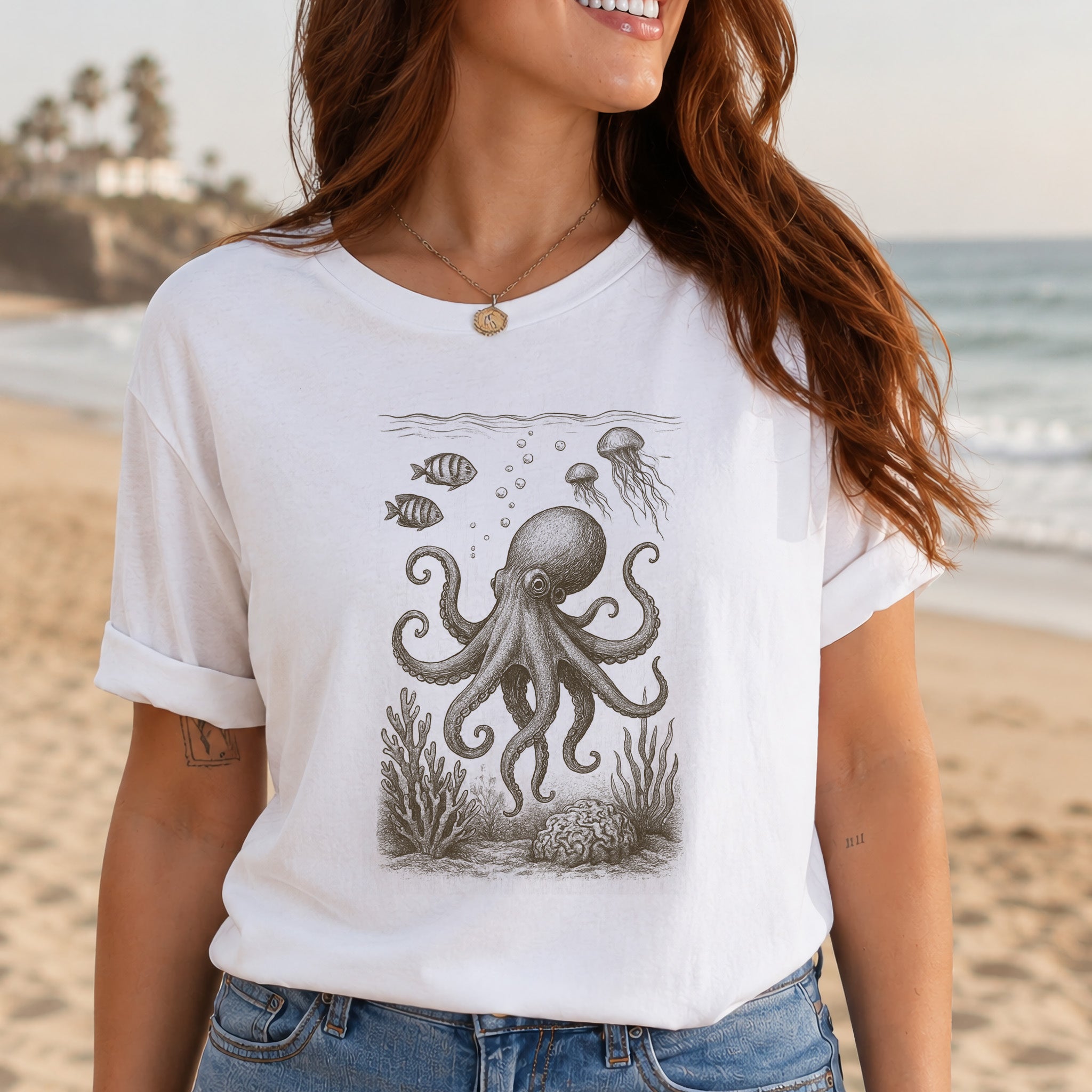Octopus & Coral Reef Sketch T-Shirt – Artistic Ocean Life Tee