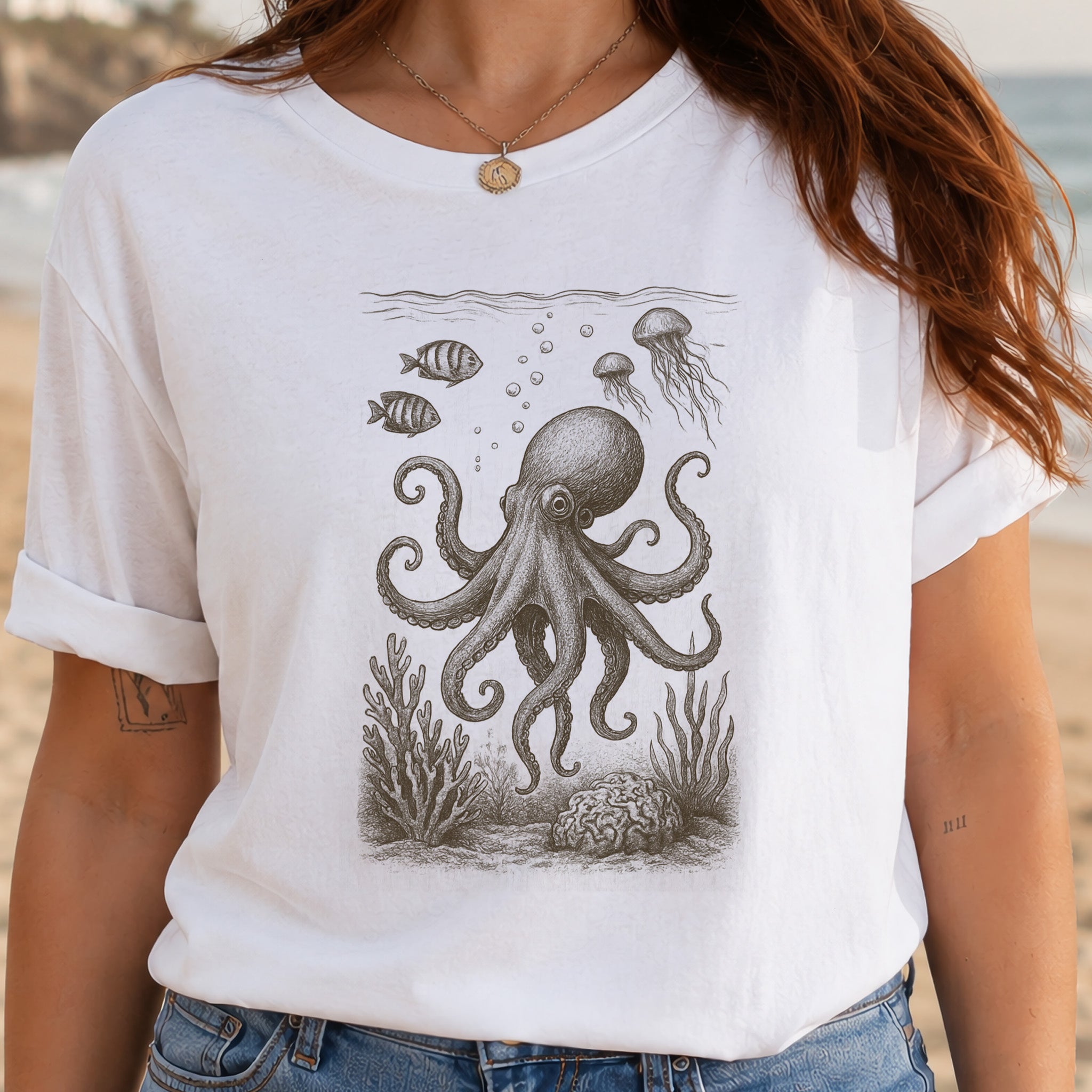 Octopus & Coral Reef Sketch T-Shirt – Artistic Ocean Life Tee