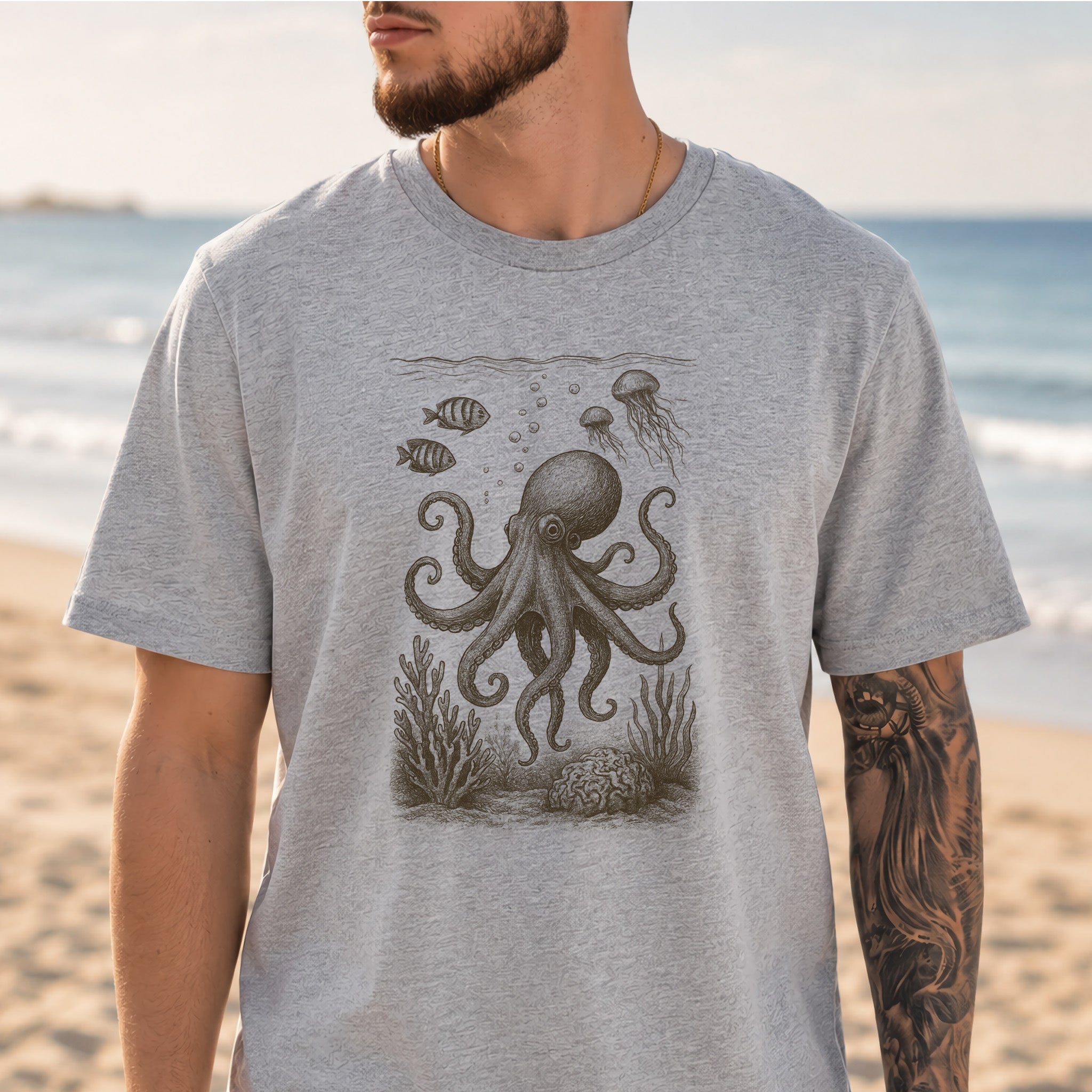 Octopus & Coral Reef Sketch T-Shirt – Artistic Ocean Life Tee