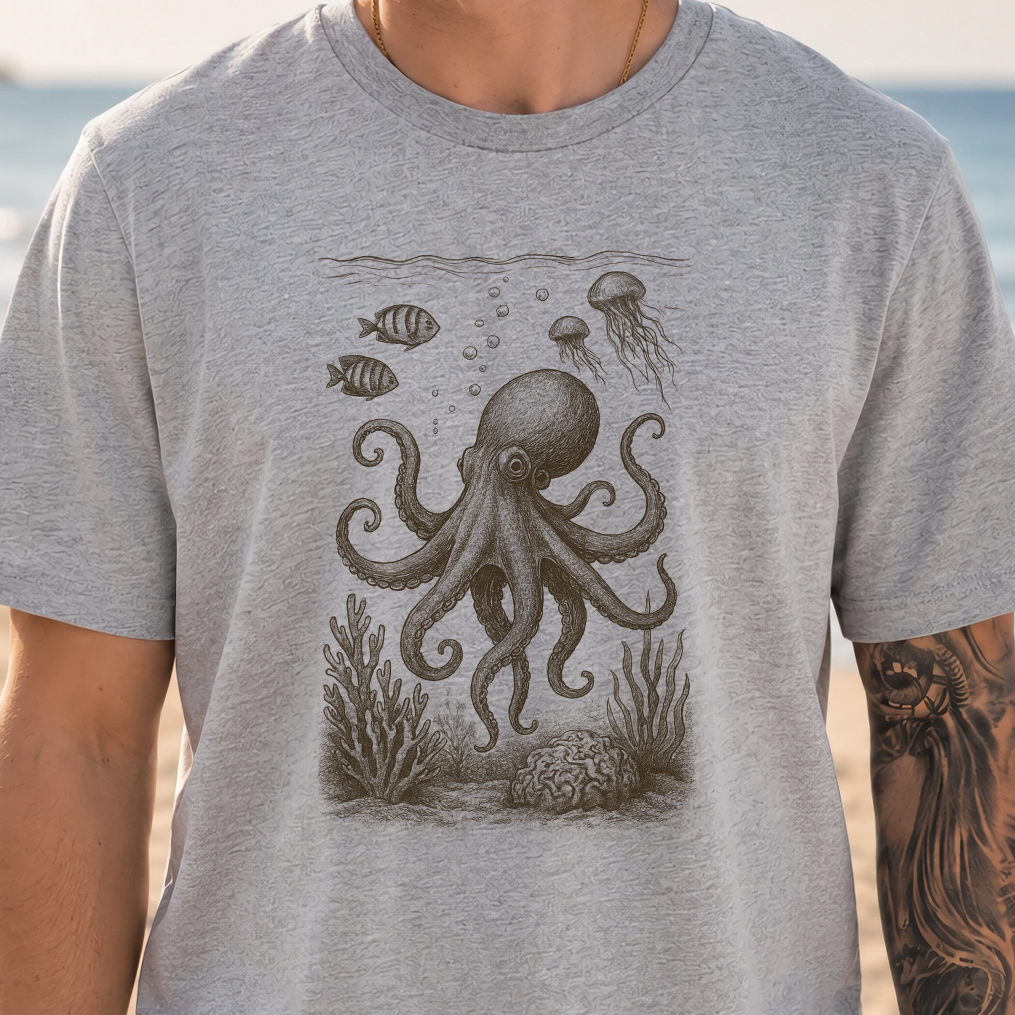 Octopus & Coral Reef Sketch T-Shirt – Artistic Ocean Life Tee
