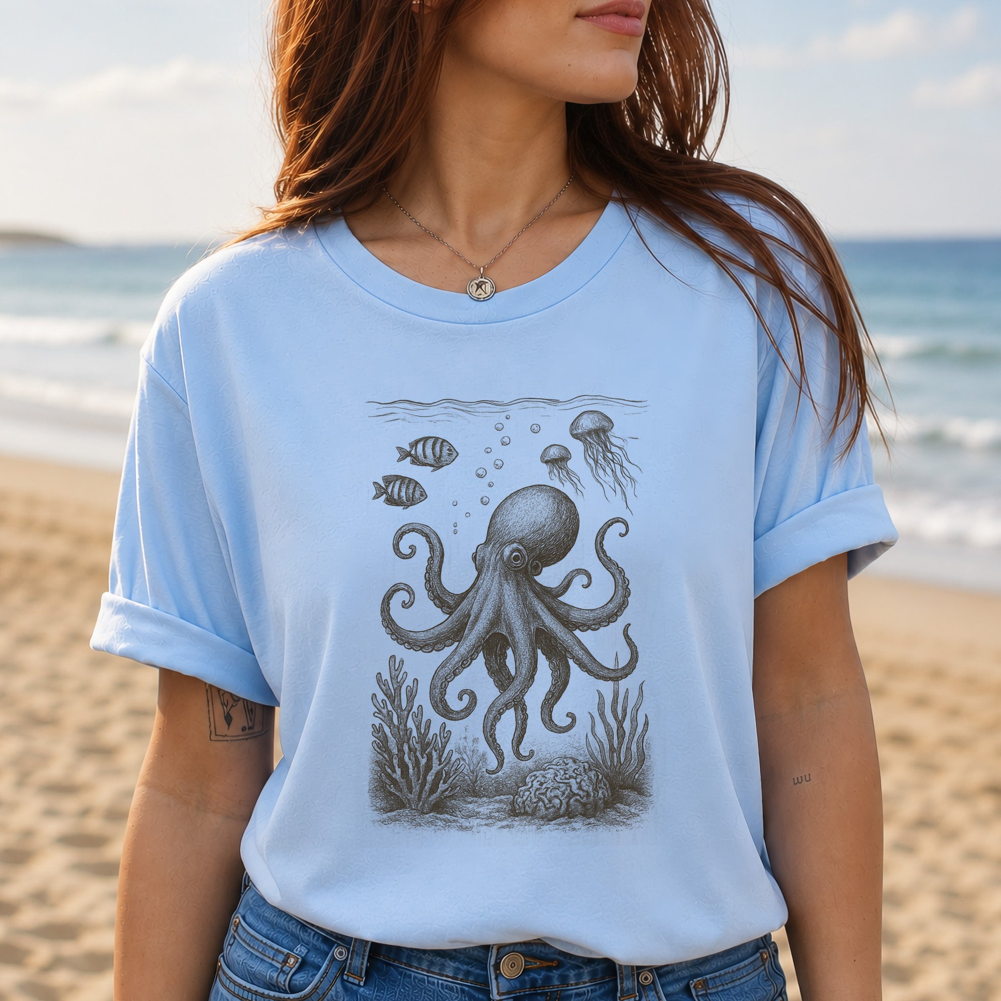Octopus & Coral Reef Sketch T-Shirt – Artistic Ocean Life Tee