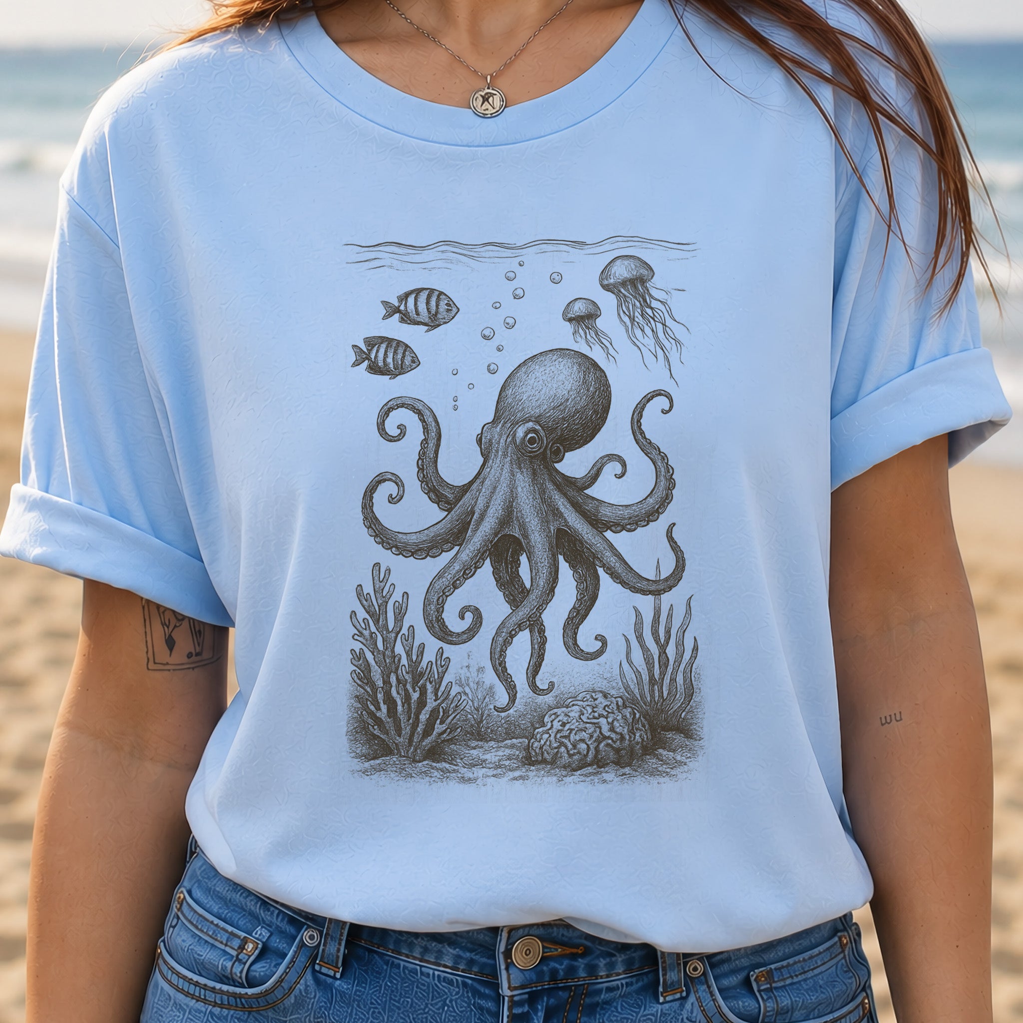 Octopus & Coral Reef Sketch T-Shirt – Artistic Ocean Life Tee