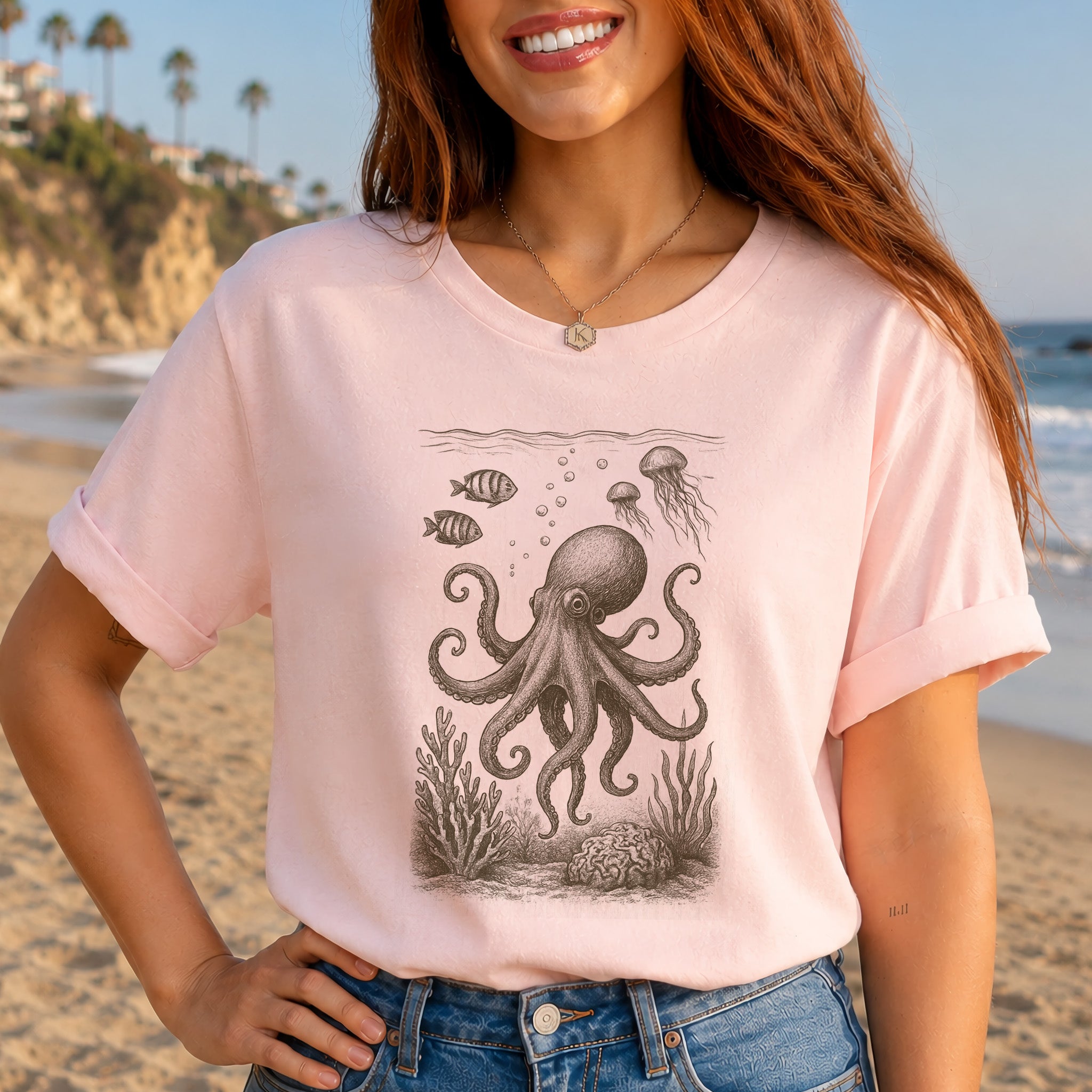 Octopus & Coral Reef Sketch T-Shirt – Artistic Ocean Life Tee