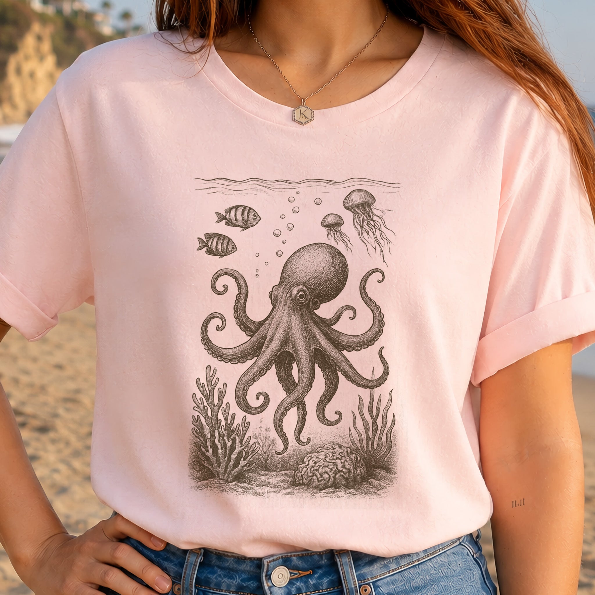 Octopus & Coral Reef Sketch T-Shirt – Artistic Ocean Life Tee