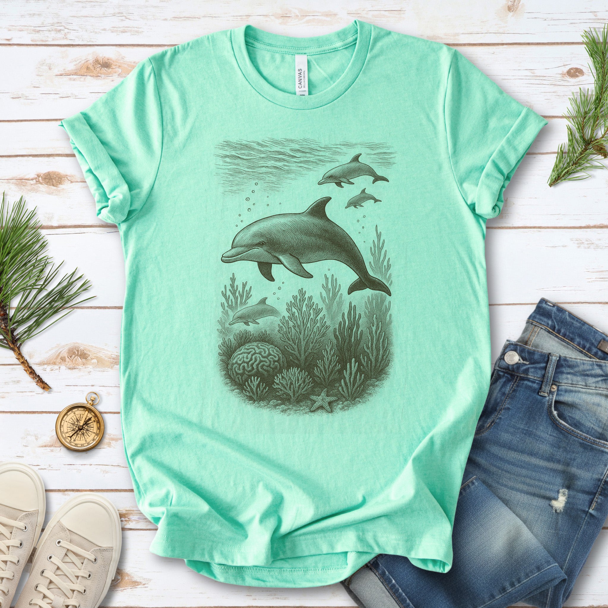Dolphins and Coral Reef Sketch T-Shirt – Ocean Spirit Animal Tee