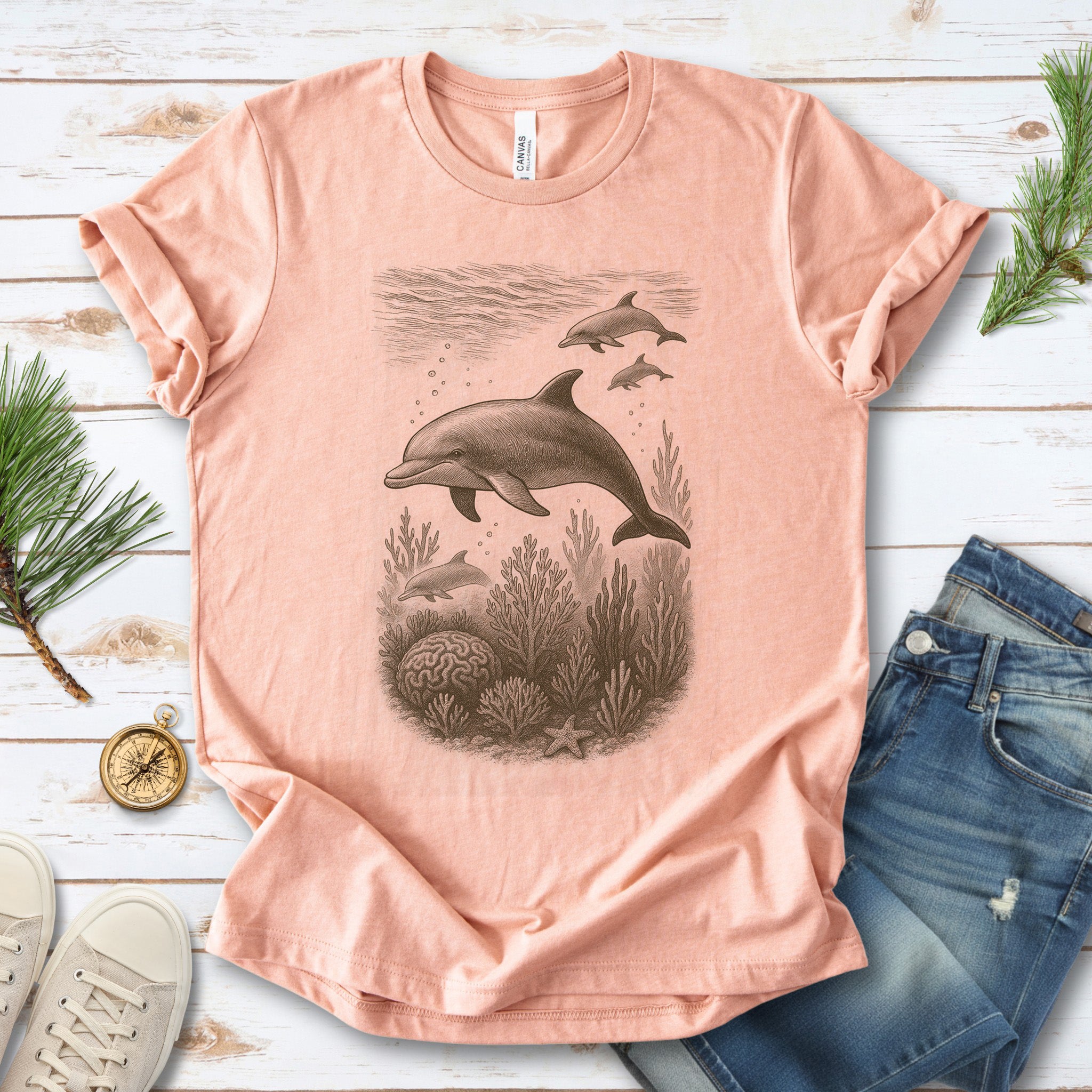 Dolphins and Coral Reef Sketch T-Shirt – Ocean Spirit Animal Tee