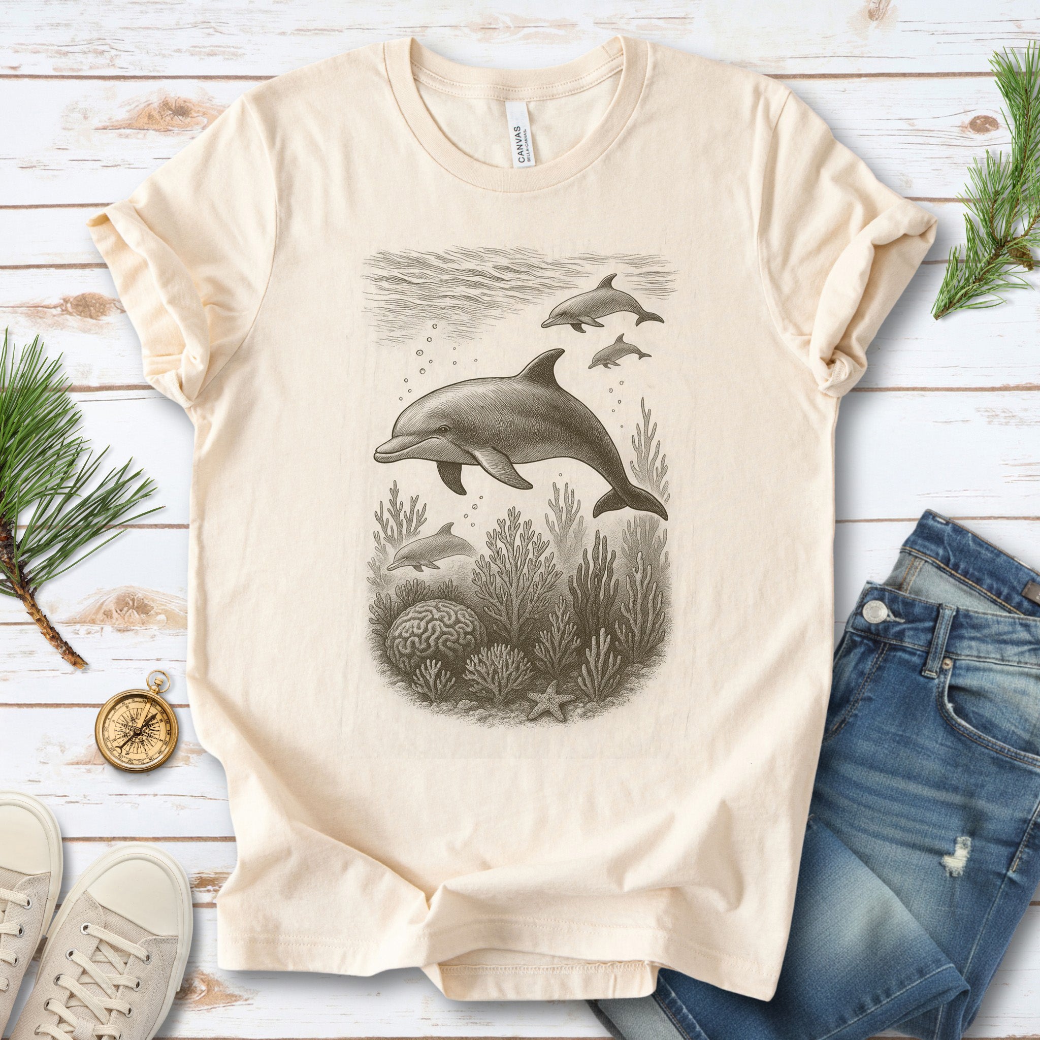 Dolphins and Coral Reef Sketch T-Shirt – Ocean Spirit Animal Tee