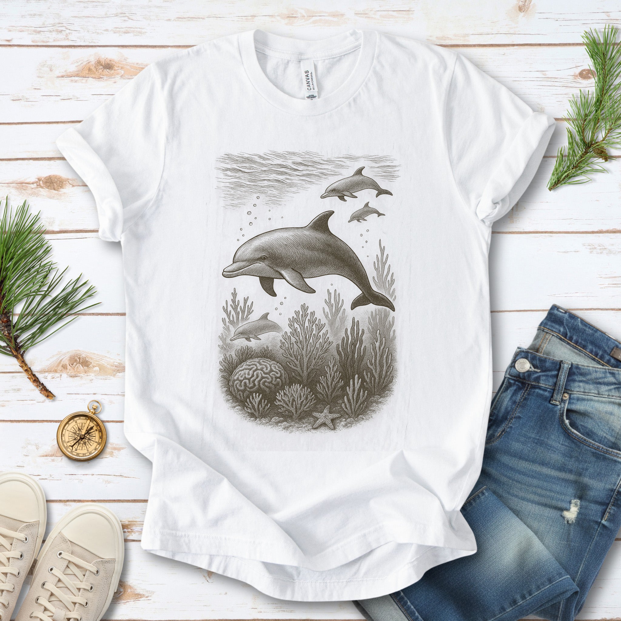 Dolphins and Coral Reef Sketch T-Shirt – Ocean Spirit Animal Tee