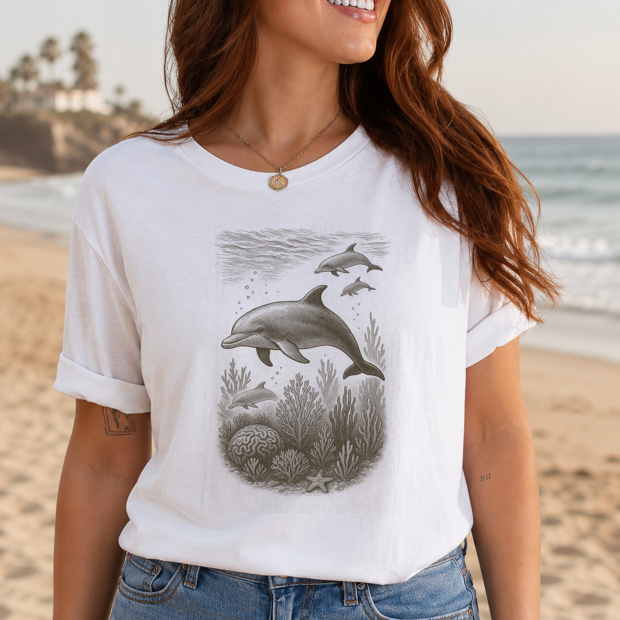 Dolphins and Coral Reef Sketch T-Shirt – Ocean Spirit Animal Tee