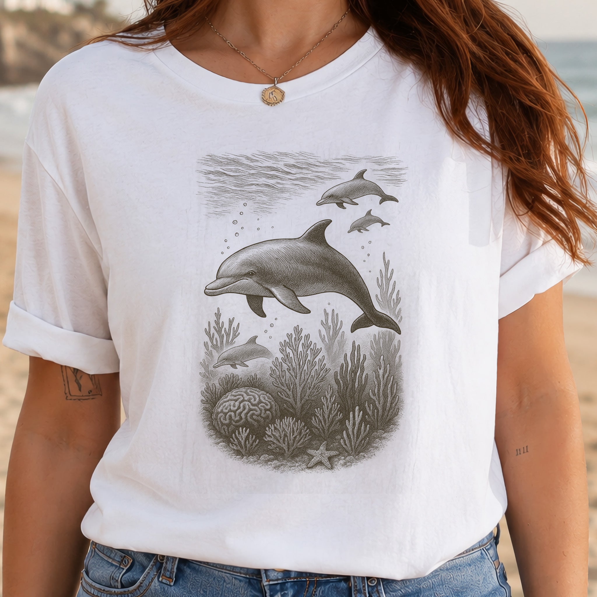 Dolphins and Coral Reef Sketch T-Shirt – Ocean Spirit Animal Tee