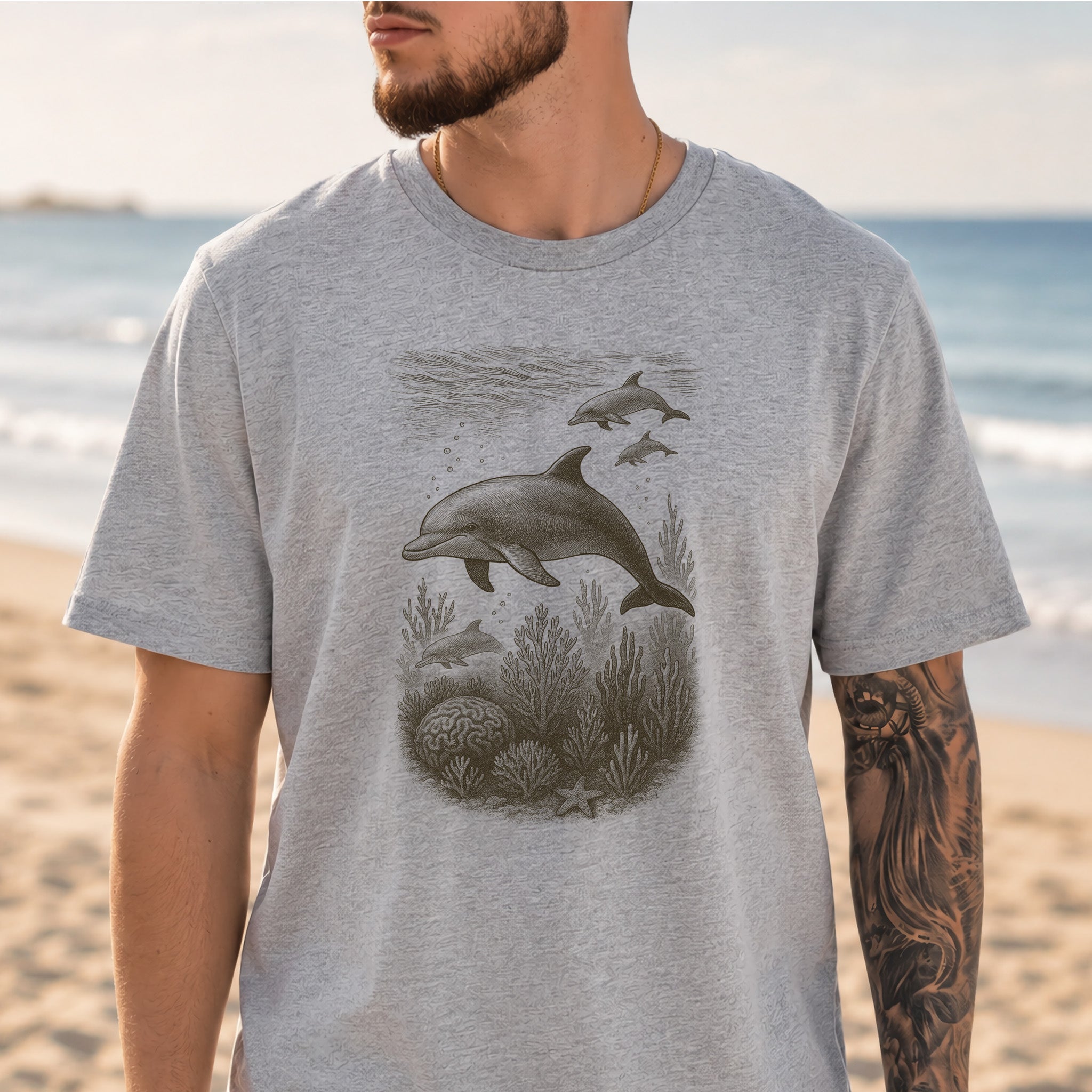 Dolphins and Coral Reef Sketch T-Shirt – Ocean Spirit Animal Tee