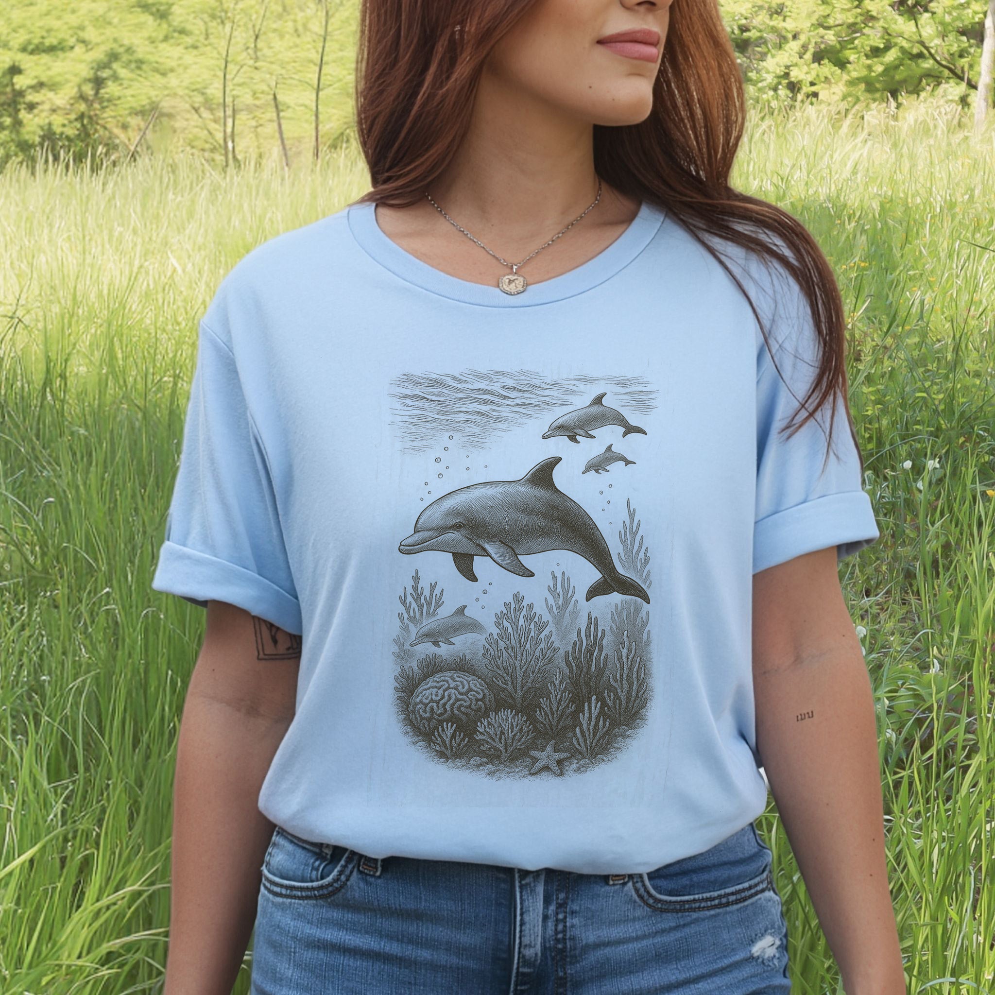 Dolphins and Coral Reef Sketch T-Shirt – Ocean Spirit Animal Tee