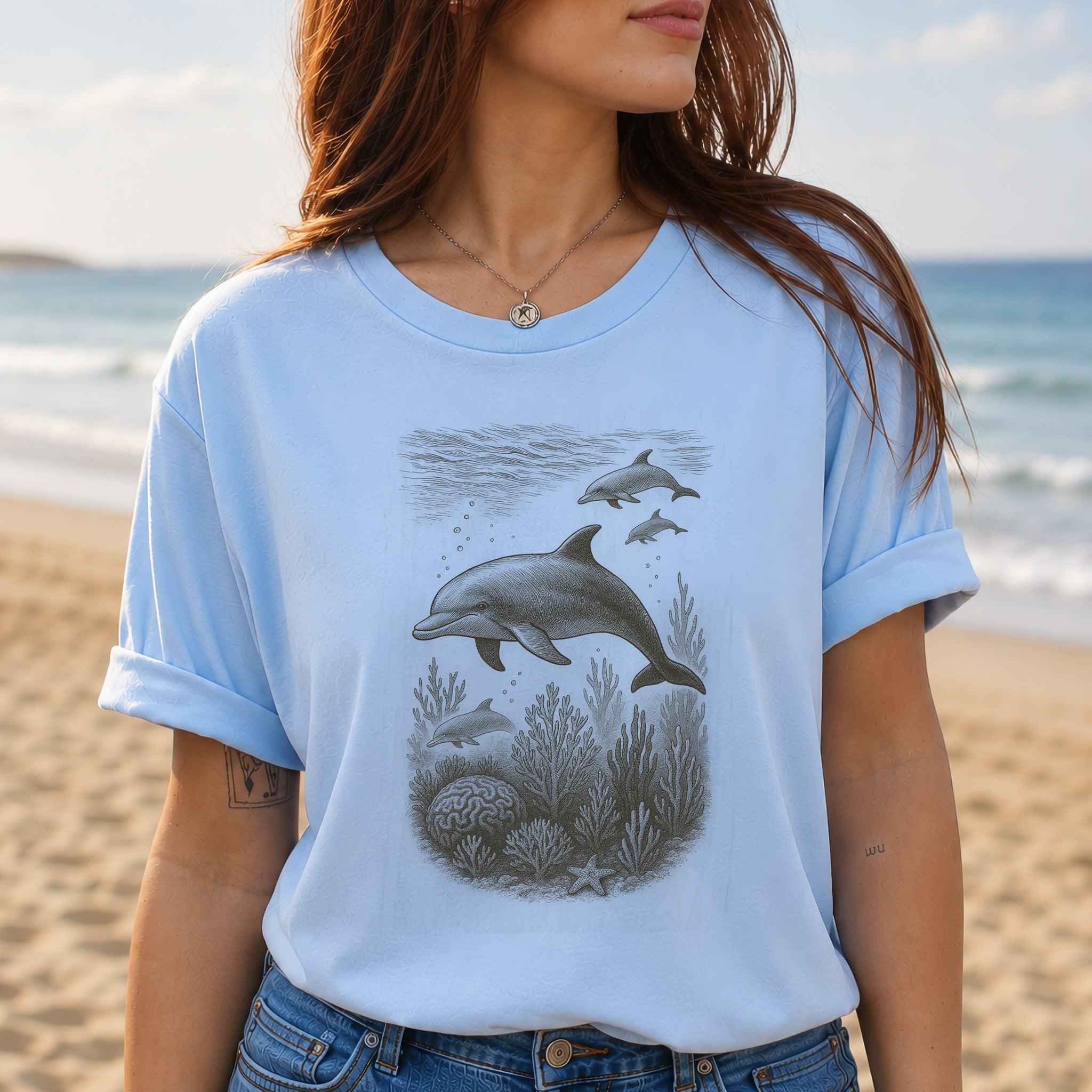 Dolphins and Coral Reef Sketch T-Shirt – Ocean Spirit Animal Tee
