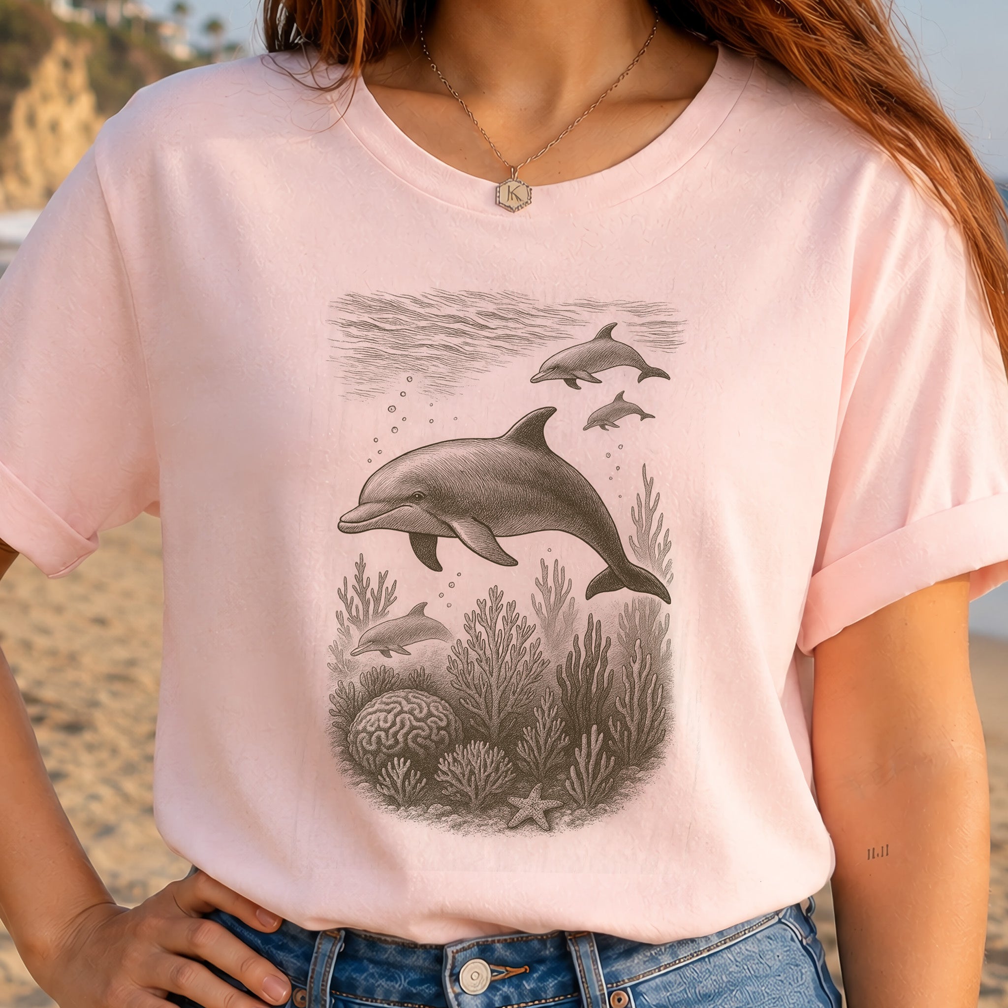 Dolphins and Coral Reef Sketch T-Shirt – Ocean Spirit Animal Tee