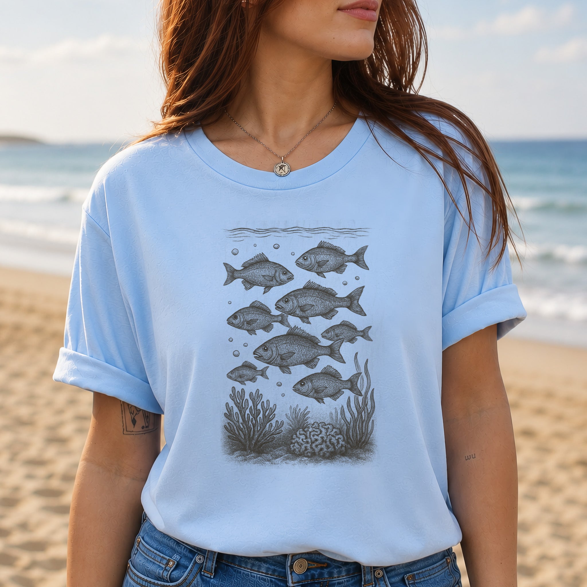 Vintage Fish & Coral Reef T-Shirt – Ocean Life Sketch for Sea Lovers