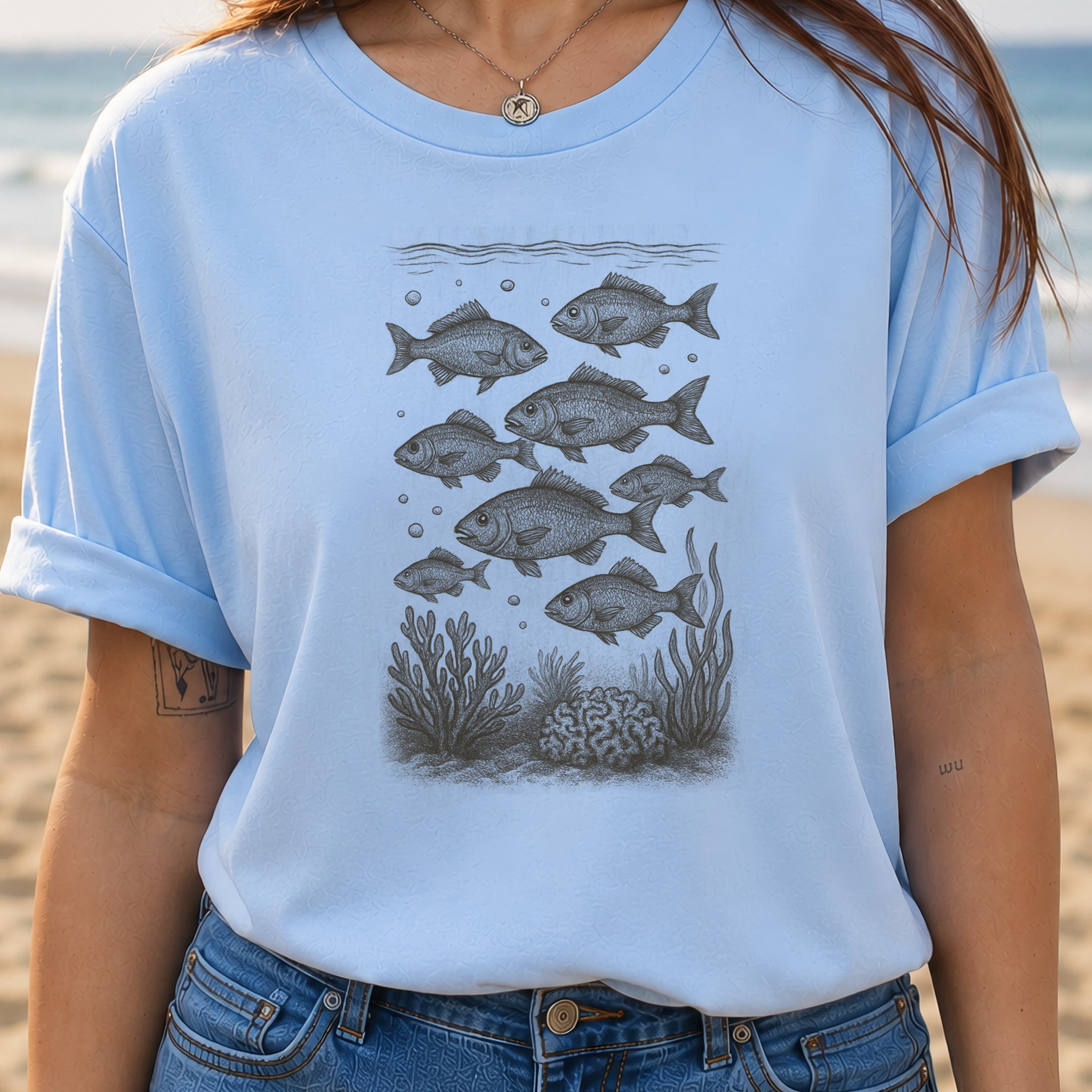 Vintage Fish & Coral Reef T-Shirt – Ocean Life Sketch for Sea Lovers