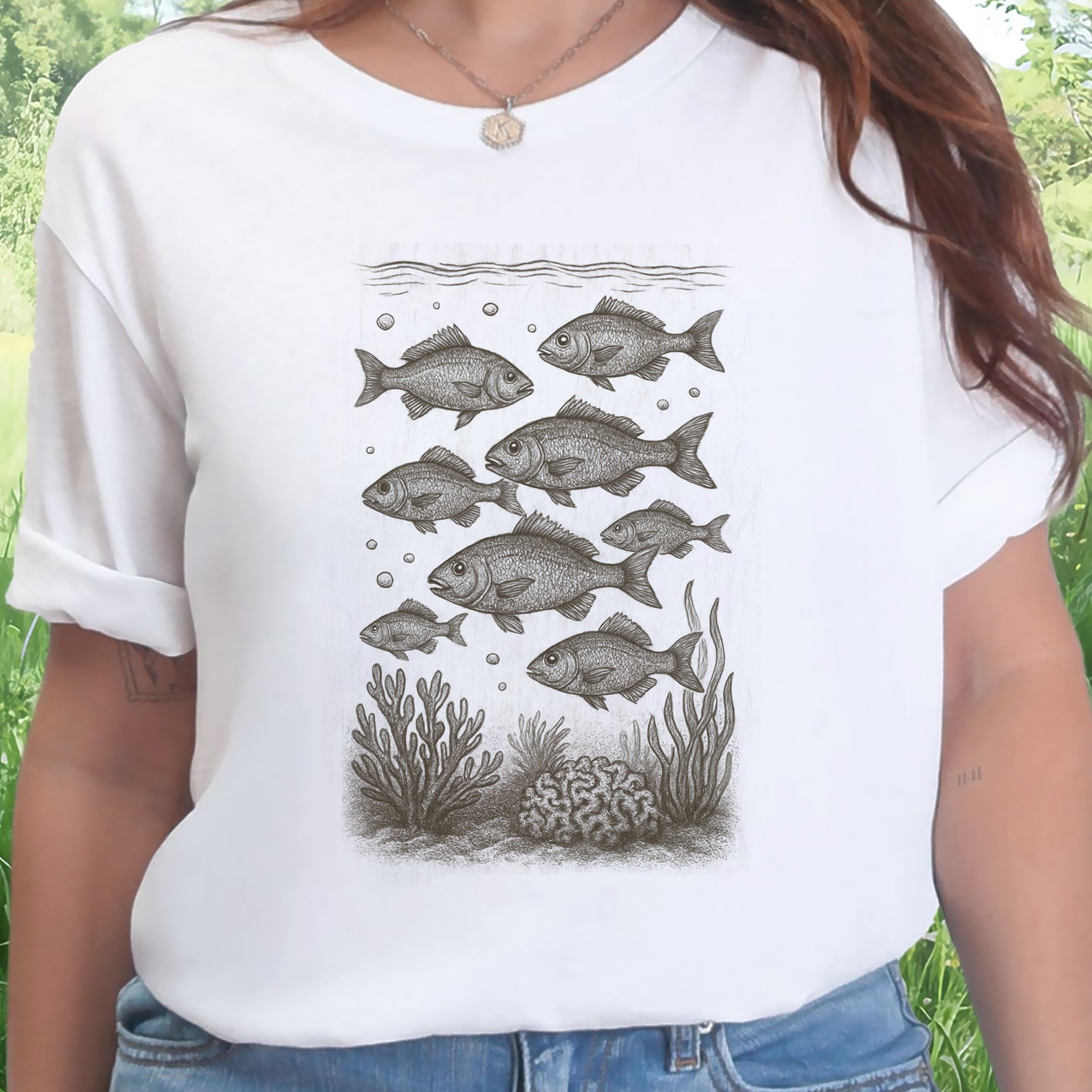 Vintage Fish & Coral Reef T-Shirt – Ocean Life Sketch for Sea Lovers
