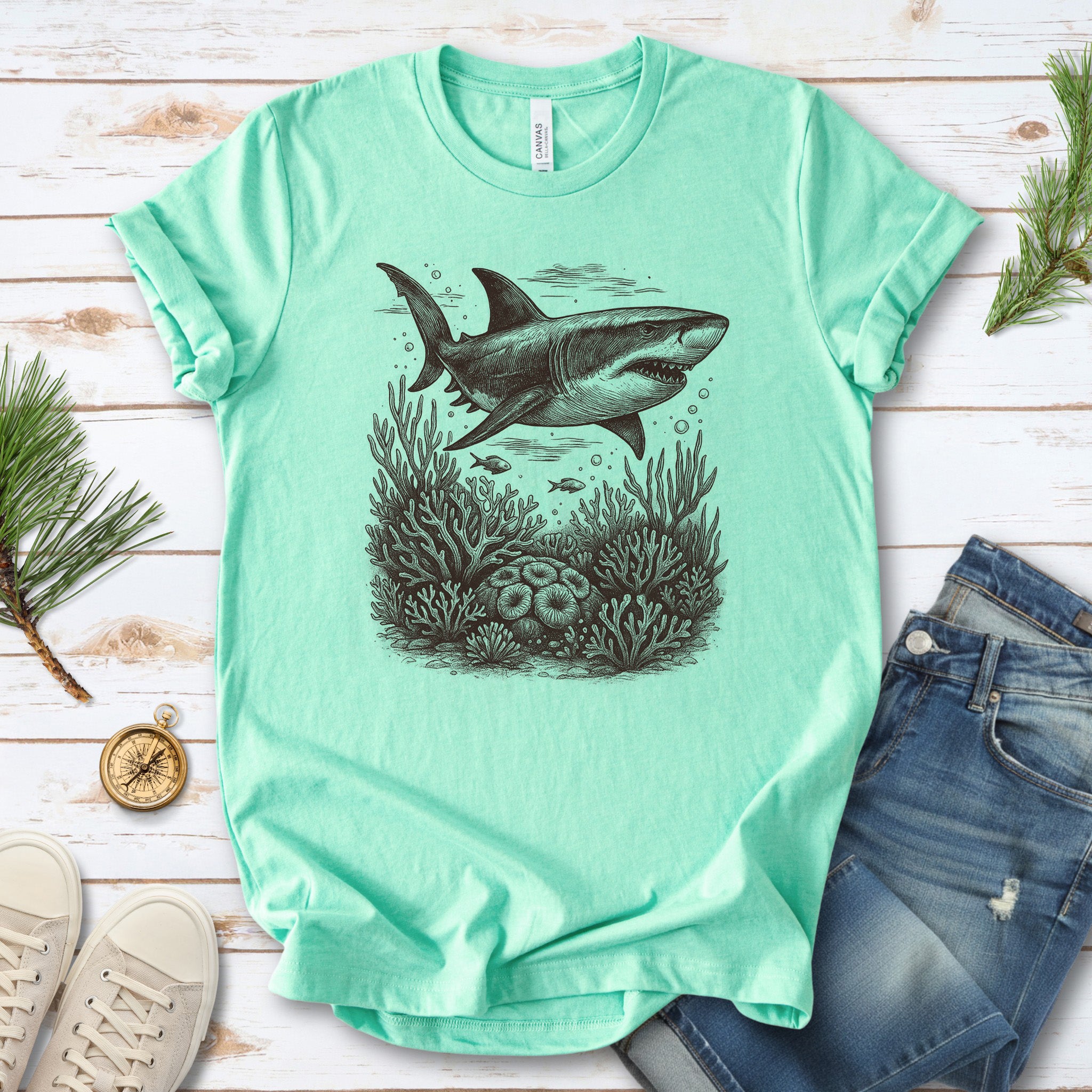 Shark and Coral Reef Sketch T-Shirt – Bold Ocean Wildlife Tee