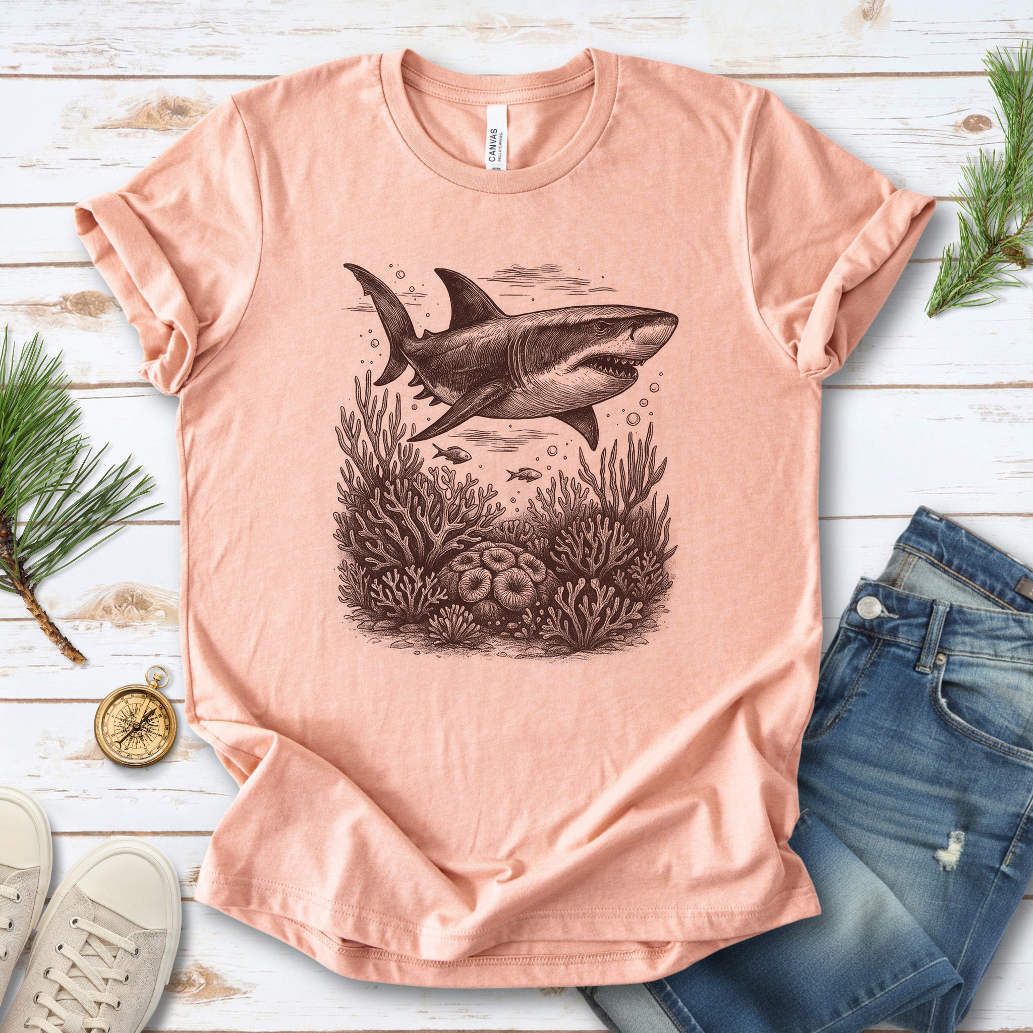 Shark and Coral Reef Sketch T-Shirt – Bold Ocean Wildlife Tee