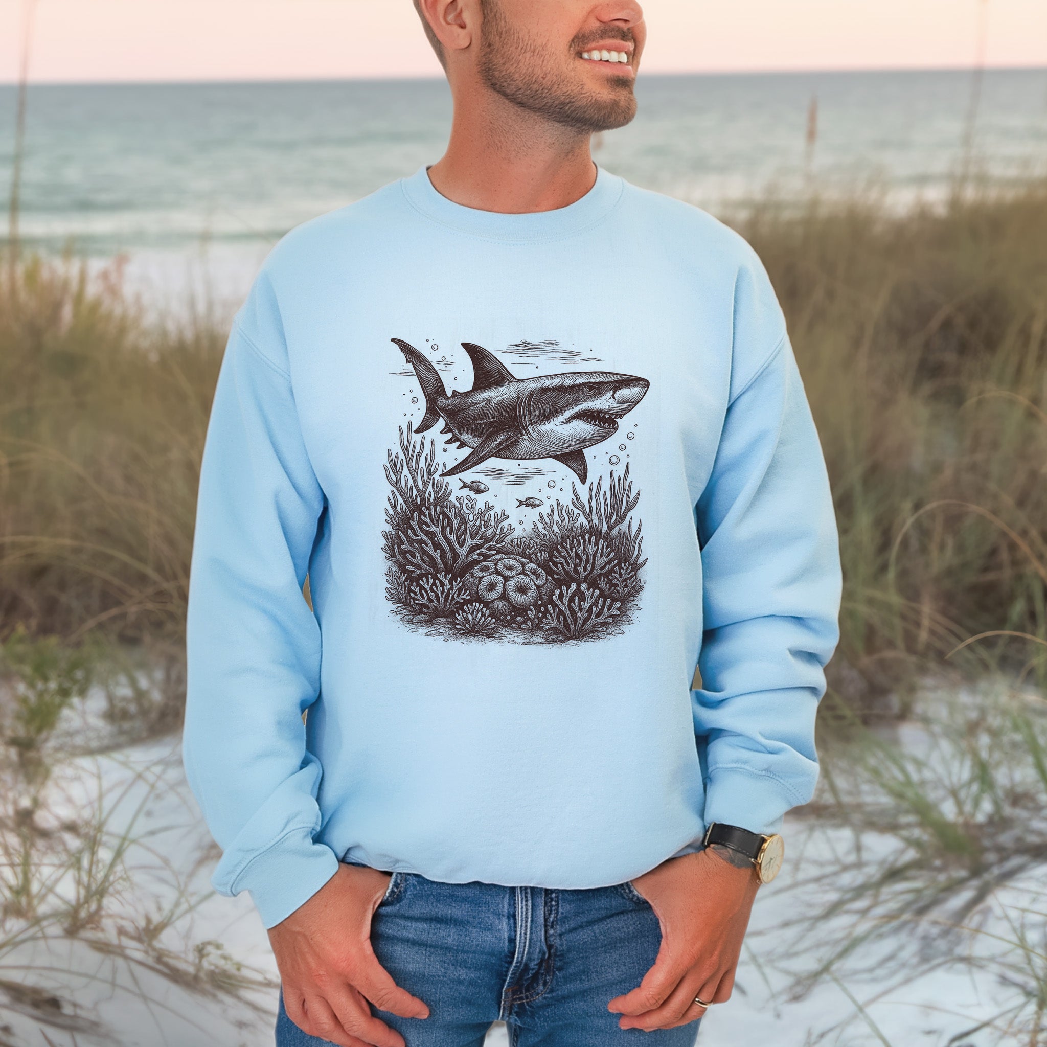 Shark and Coral Reef Sweatshirt – Bold Ocean Wildlife & Shark Lover Sweatshirt