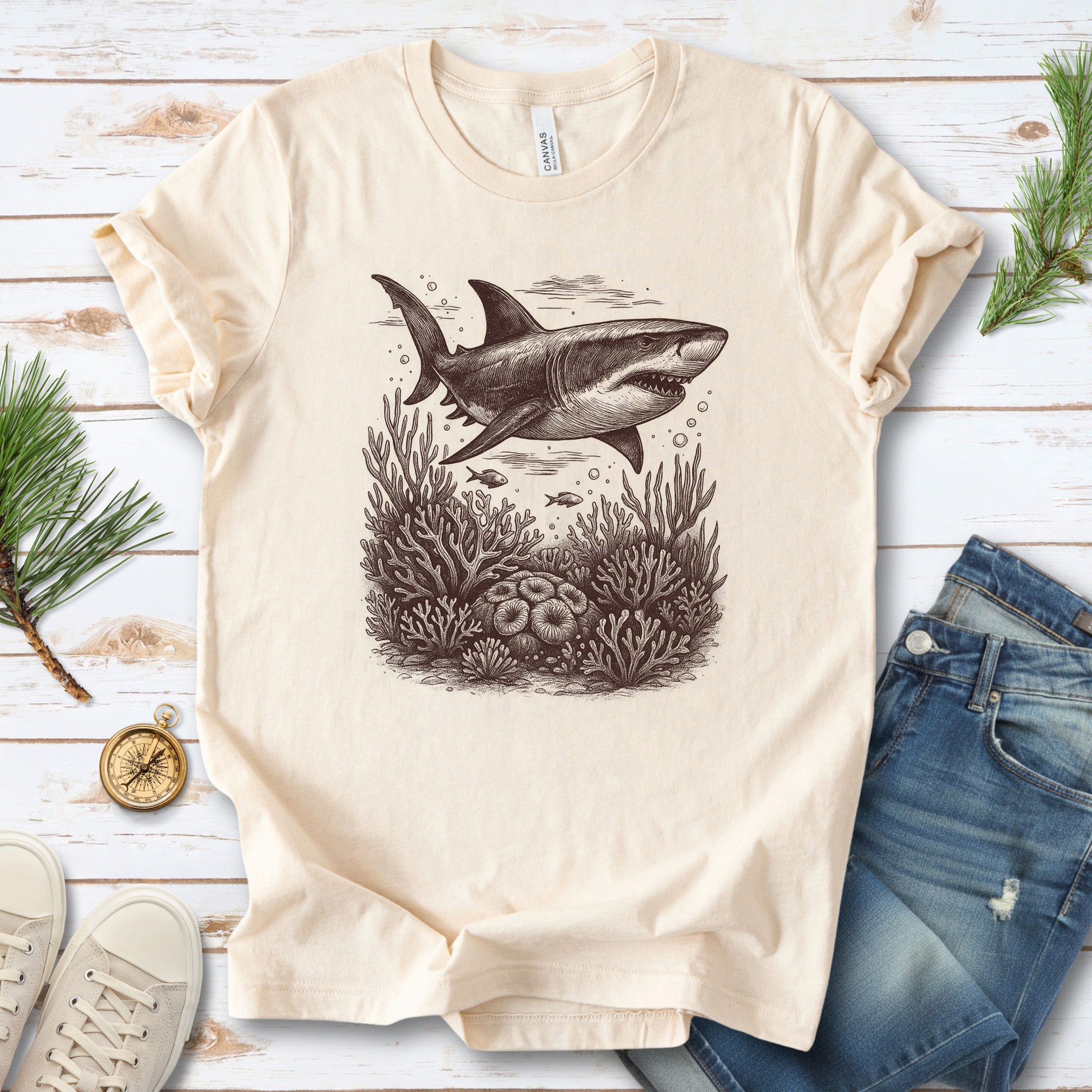 Shark and Coral Reef Sketch T-Shirt – Bold Ocean Wildlife Tee