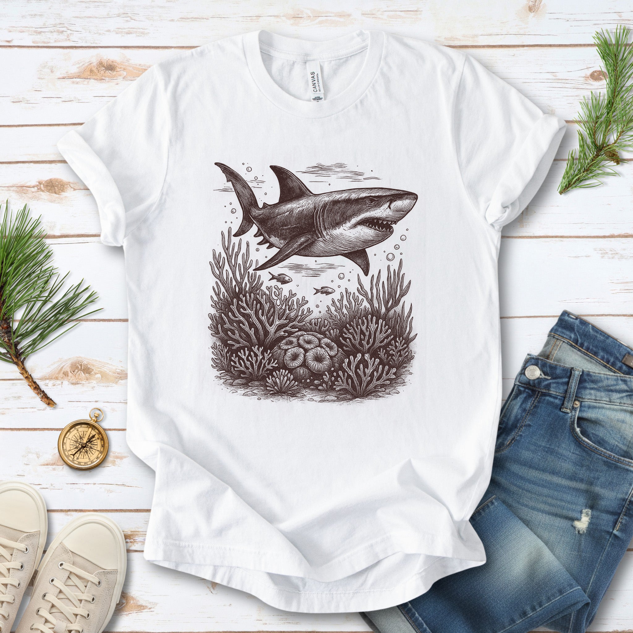 Shark and Coral Reef Sketch T-Shirt – Bold Ocean Wildlife Tee