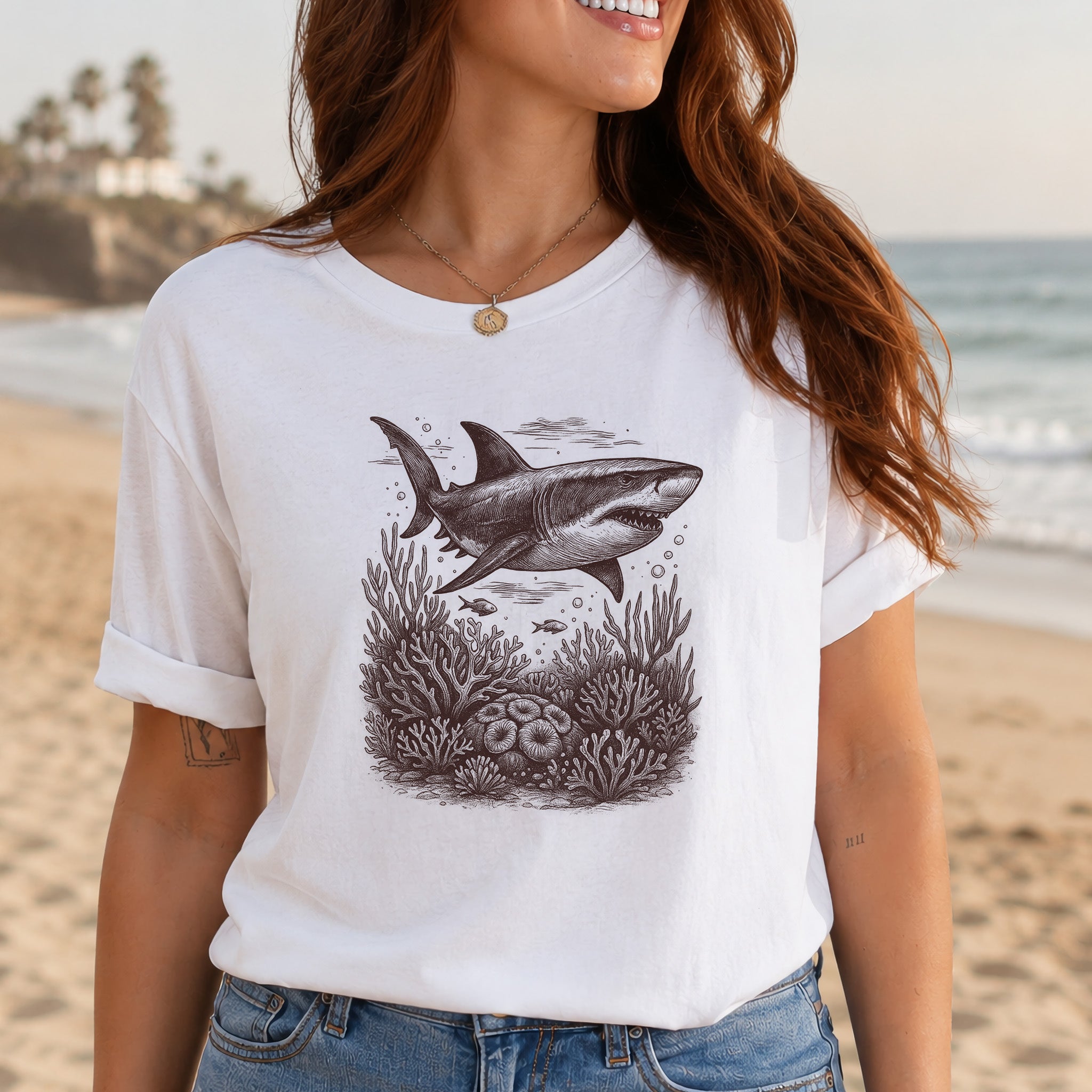 Shark and Coral Reef Sketch T-Shirt – Bold Ocean Wildlife Tee