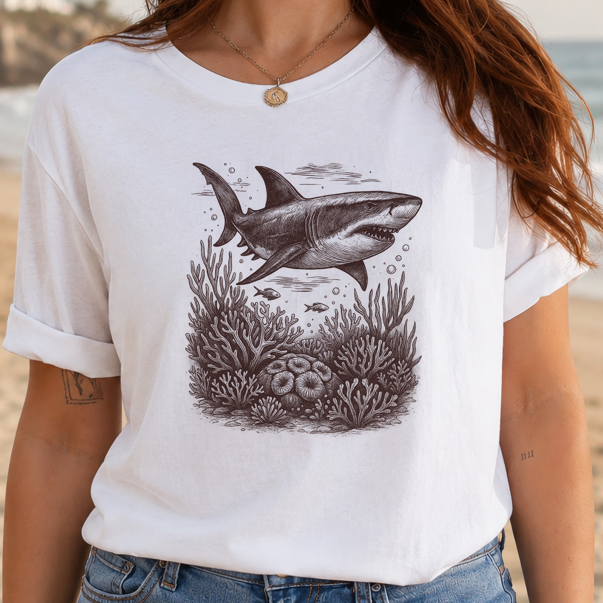 Shark and Coral Reef Sketch T-Shirt – Bold Ocean Wildlife Tee