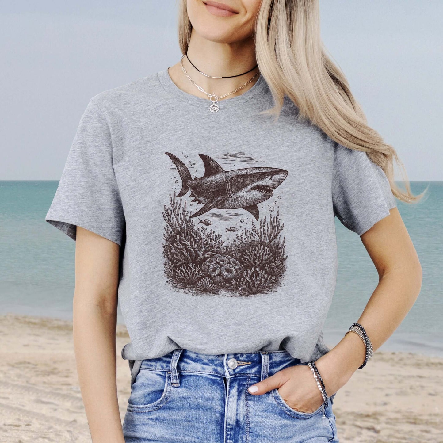 Shark and Coral Reef Sketch T-Shirt – Bold Ocean Wildlife Tee
