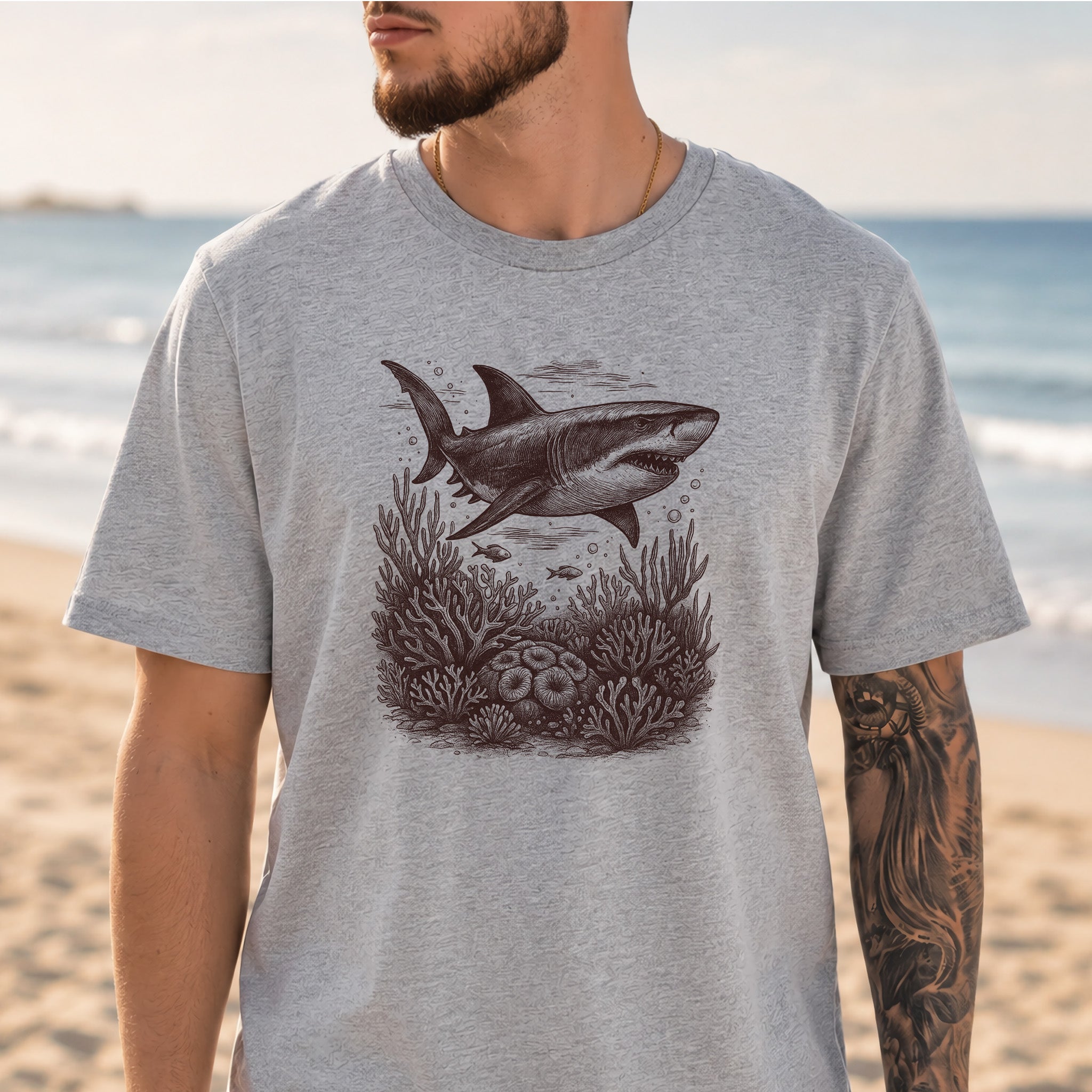 Shark and Coral Reef Sketch T-Shirt – Bold Ocean Wildlife Tee