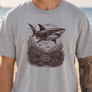 Shark and Coral Reef Sketch T-Shirt – Bold Ocean Wildlife Tee