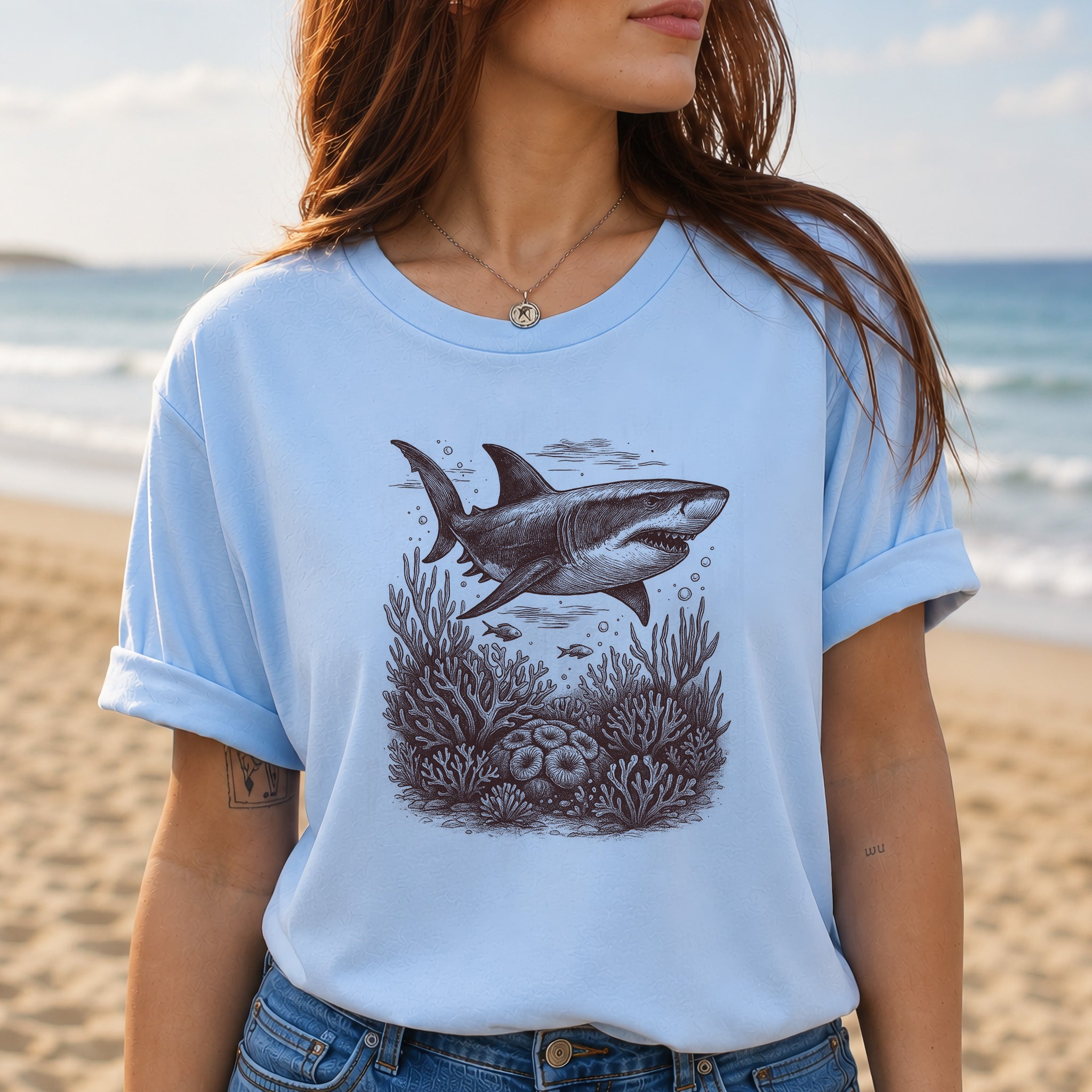 Shark and Coral Reef Sketch T-Shirt – Bold Ocean Wildlife Tee