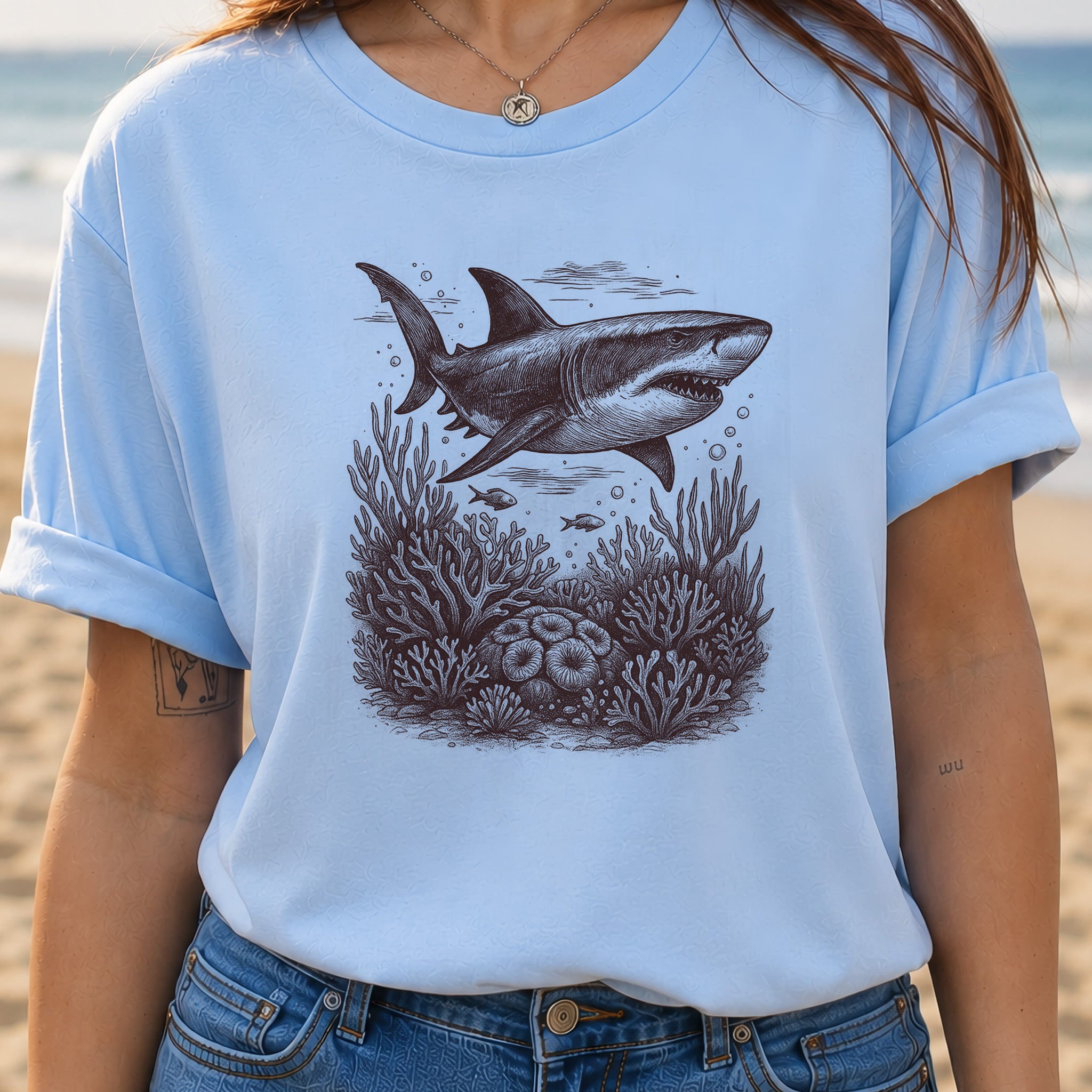Shark and Coral Reef Sketch T-Shirt – Bold Ocean Wildlife Tee