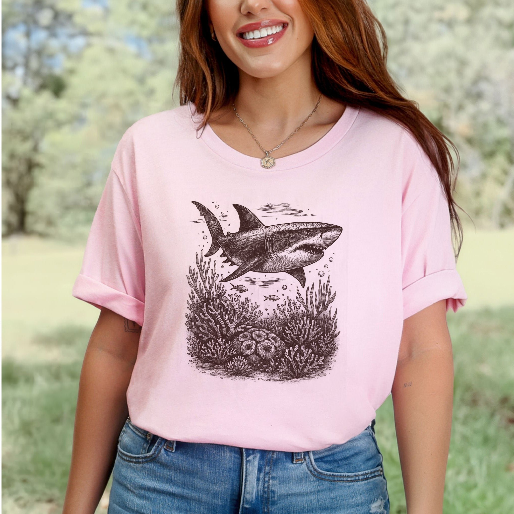 Shark and Coral Reef Sketch T-Shirt – Bold Ocean Wildlife Tee