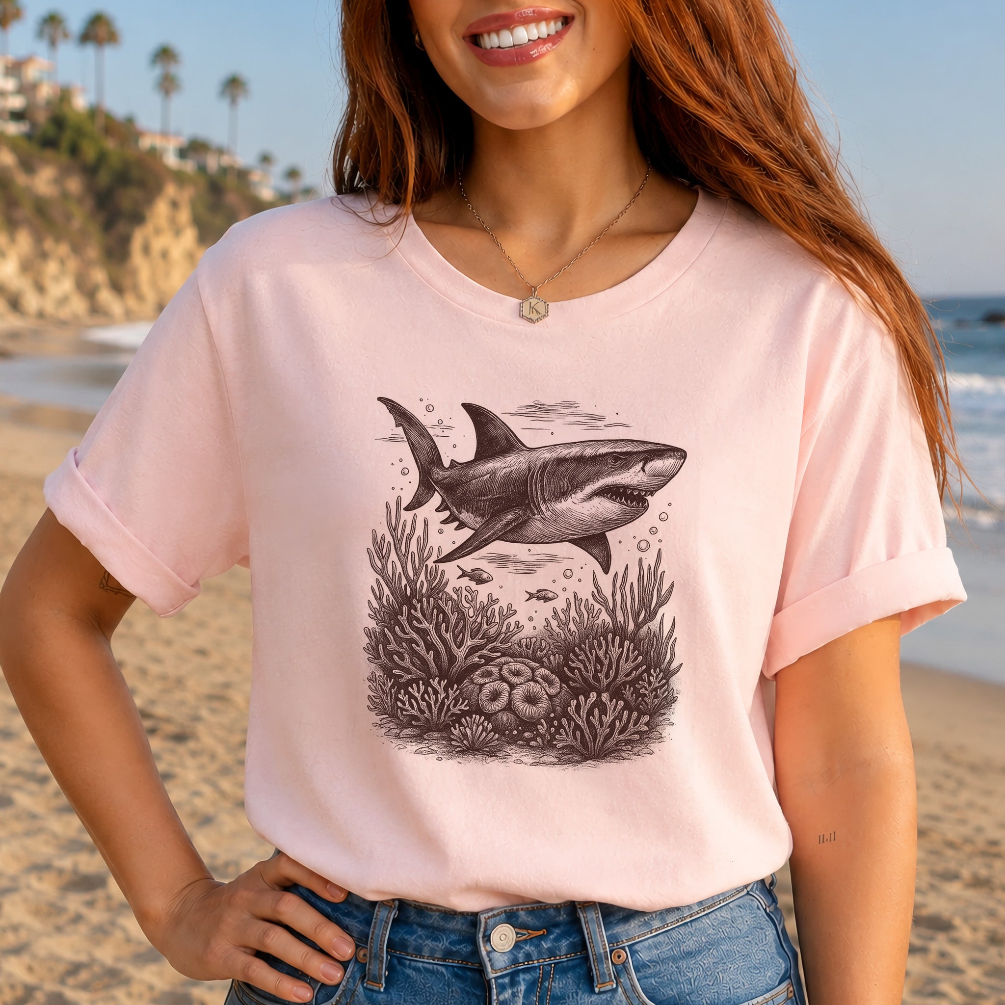 Shark and Coral Reef Sketch T-Shirt – Bold Ocean Wildlife Tee