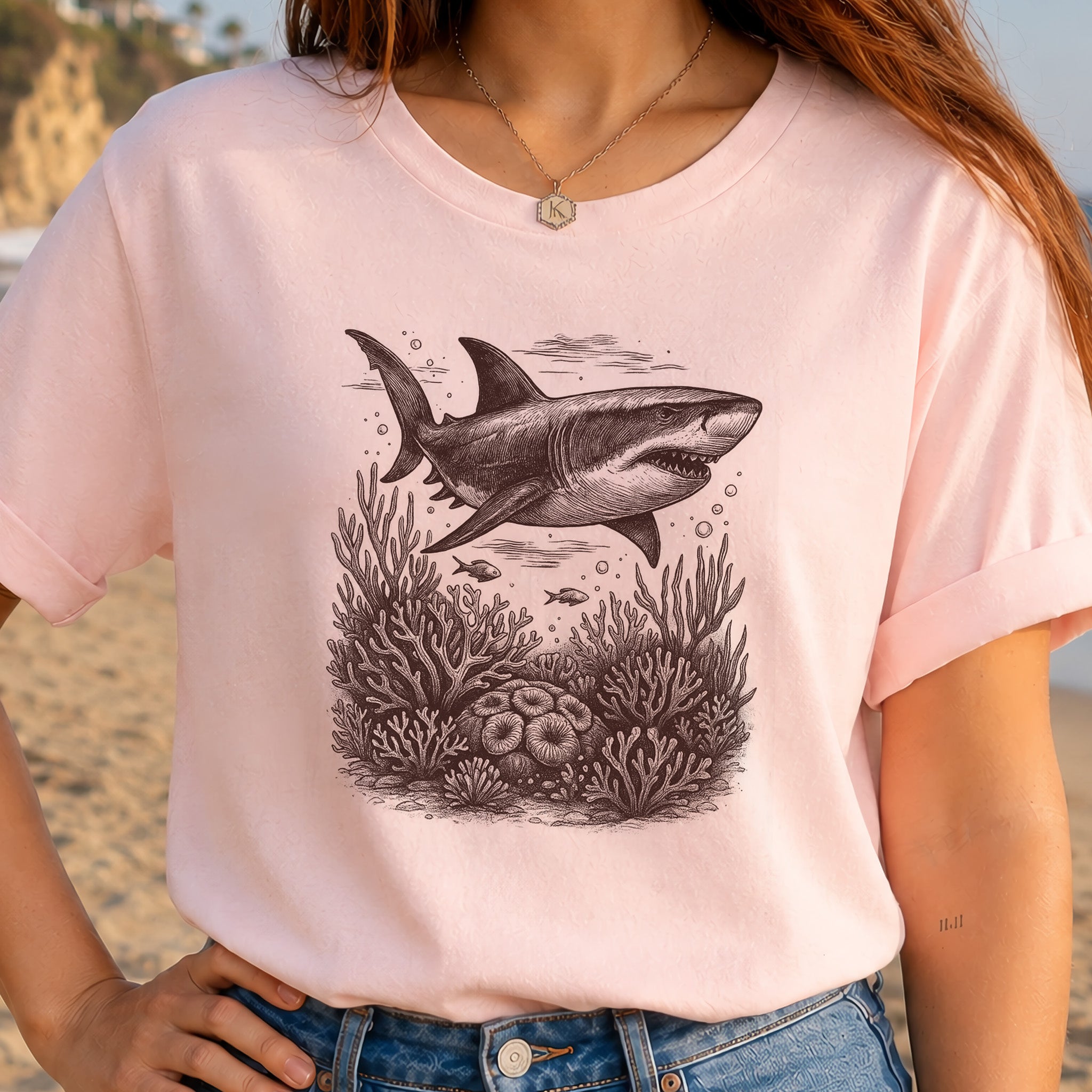 Shark and Coral Reef Sketch T-Shirt – Bold Ocean Wildlife Tee