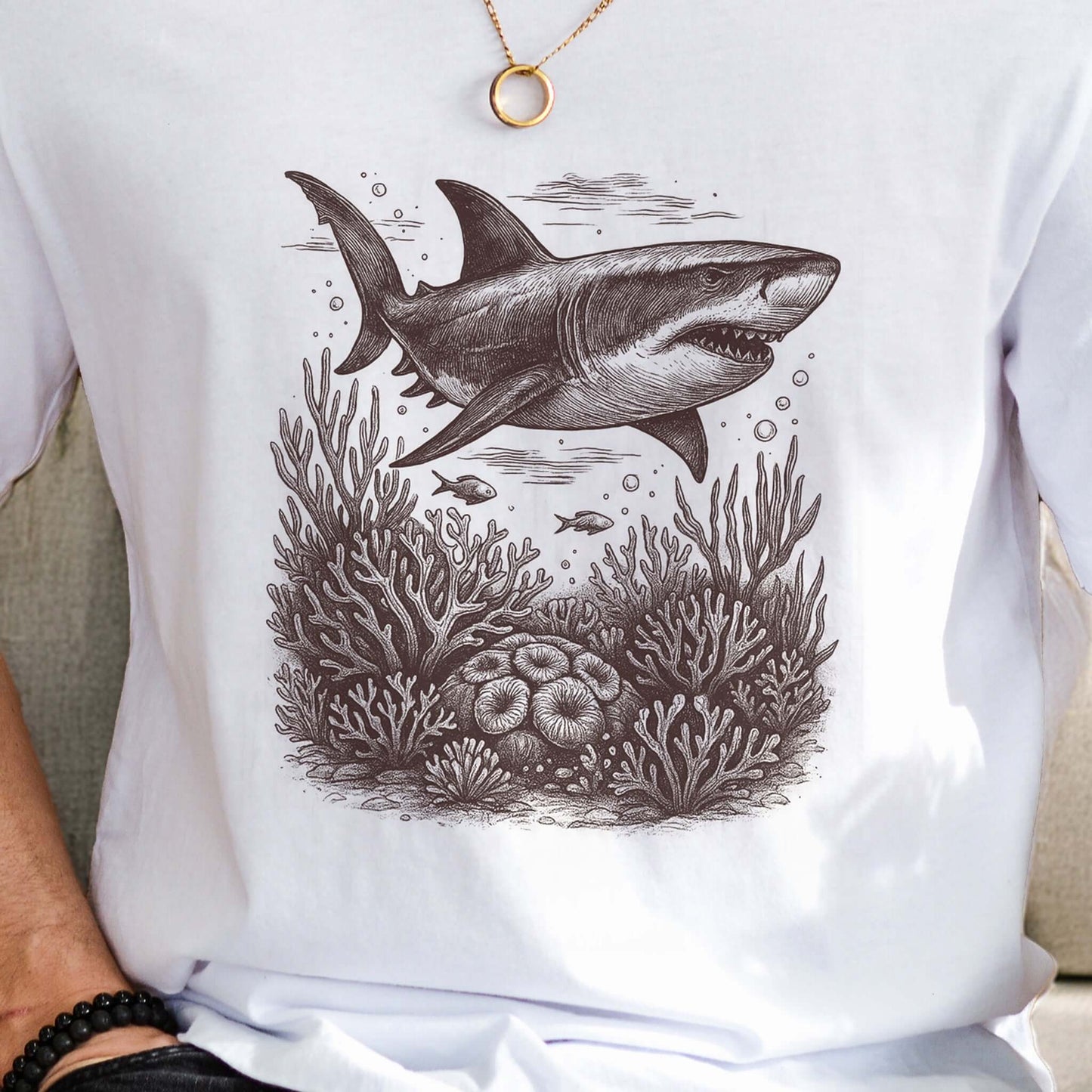 Shark and Coral Reef Sketch T-Shirt – Bold Ocean Wildlife Tee