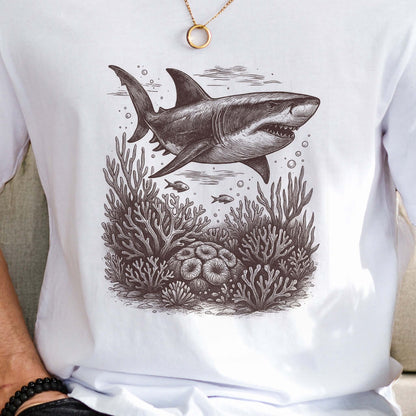 Shark and Coral Reef Sketch T-Shirt – Bold Ocean Wildlife Tee